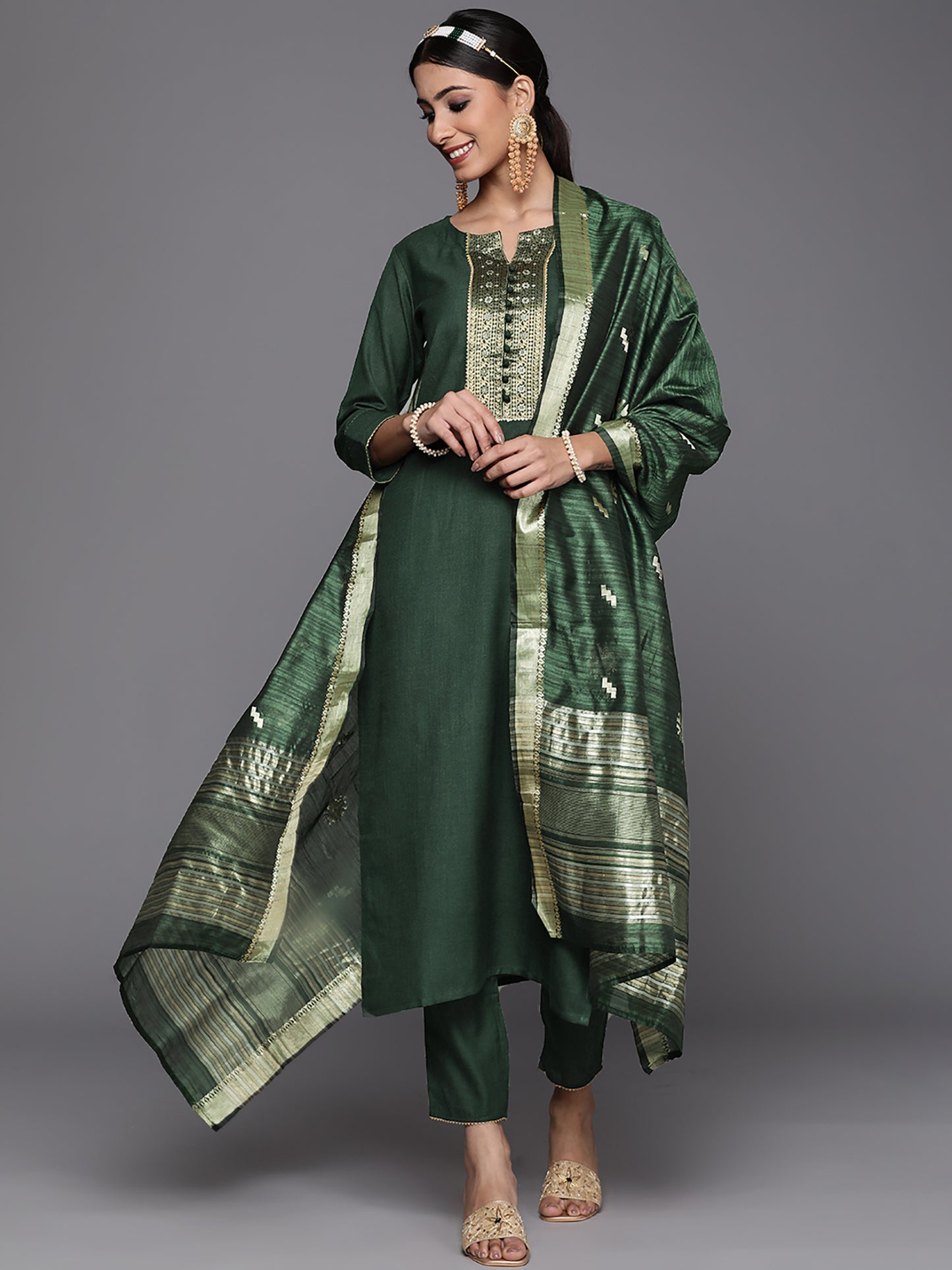 IE Green Solid Straight Kurta Palazzos With Dupatta Set