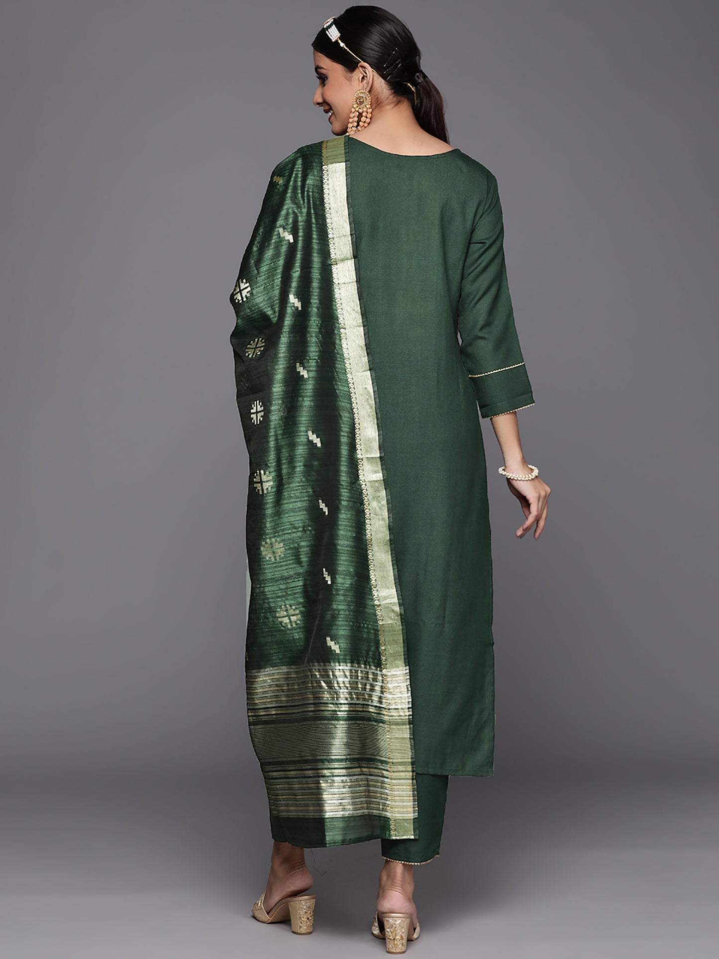 IE Green Solid Straight Kurta Palazzos With Dupatta Set