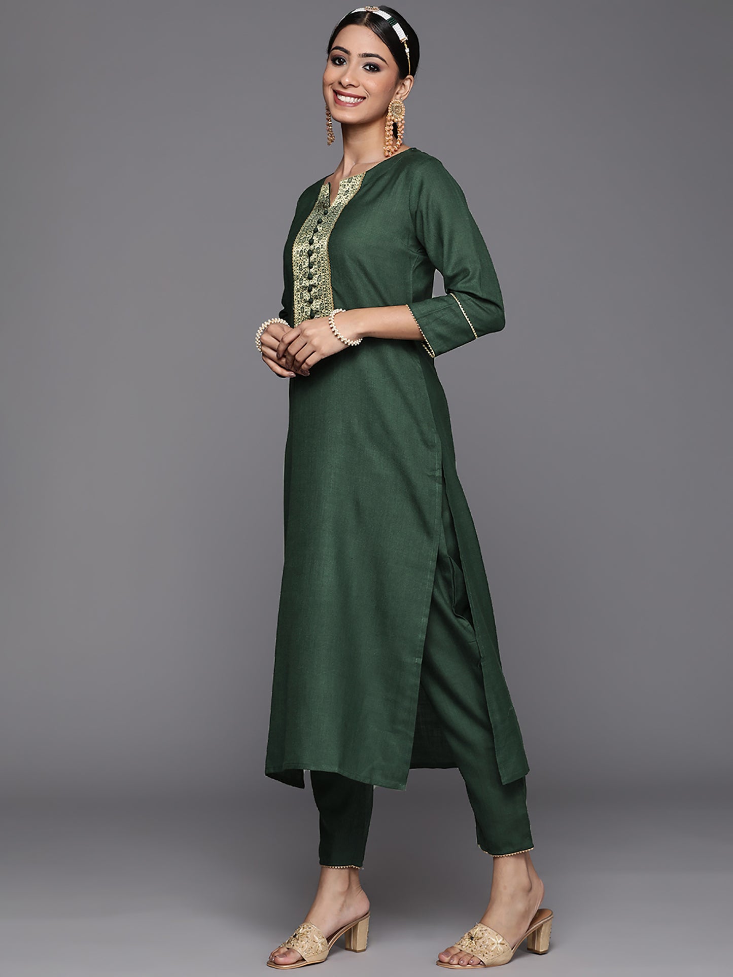 IE Green Solid Straight Kurta Palazzos With Dupatta Set