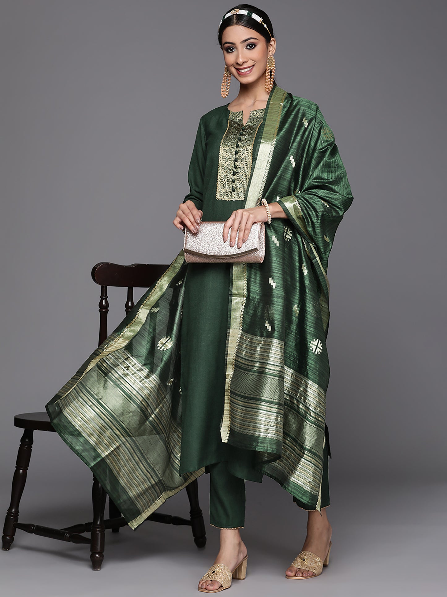 IE Green Solid Straight Kurta Palazzos With Dupatta Set