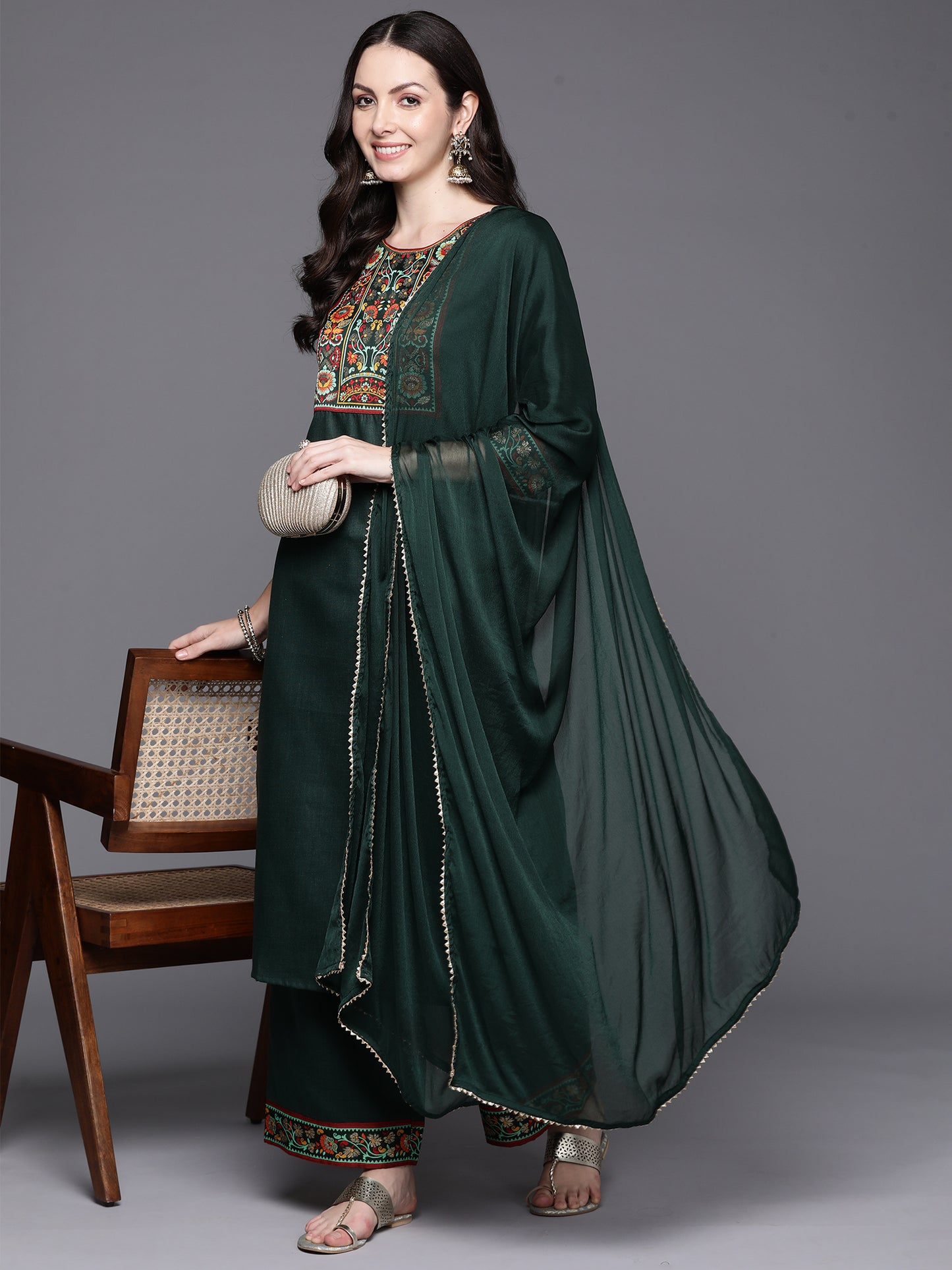 IE Green Yoke Design Straight Kurta Palazzos With Dupatta Set