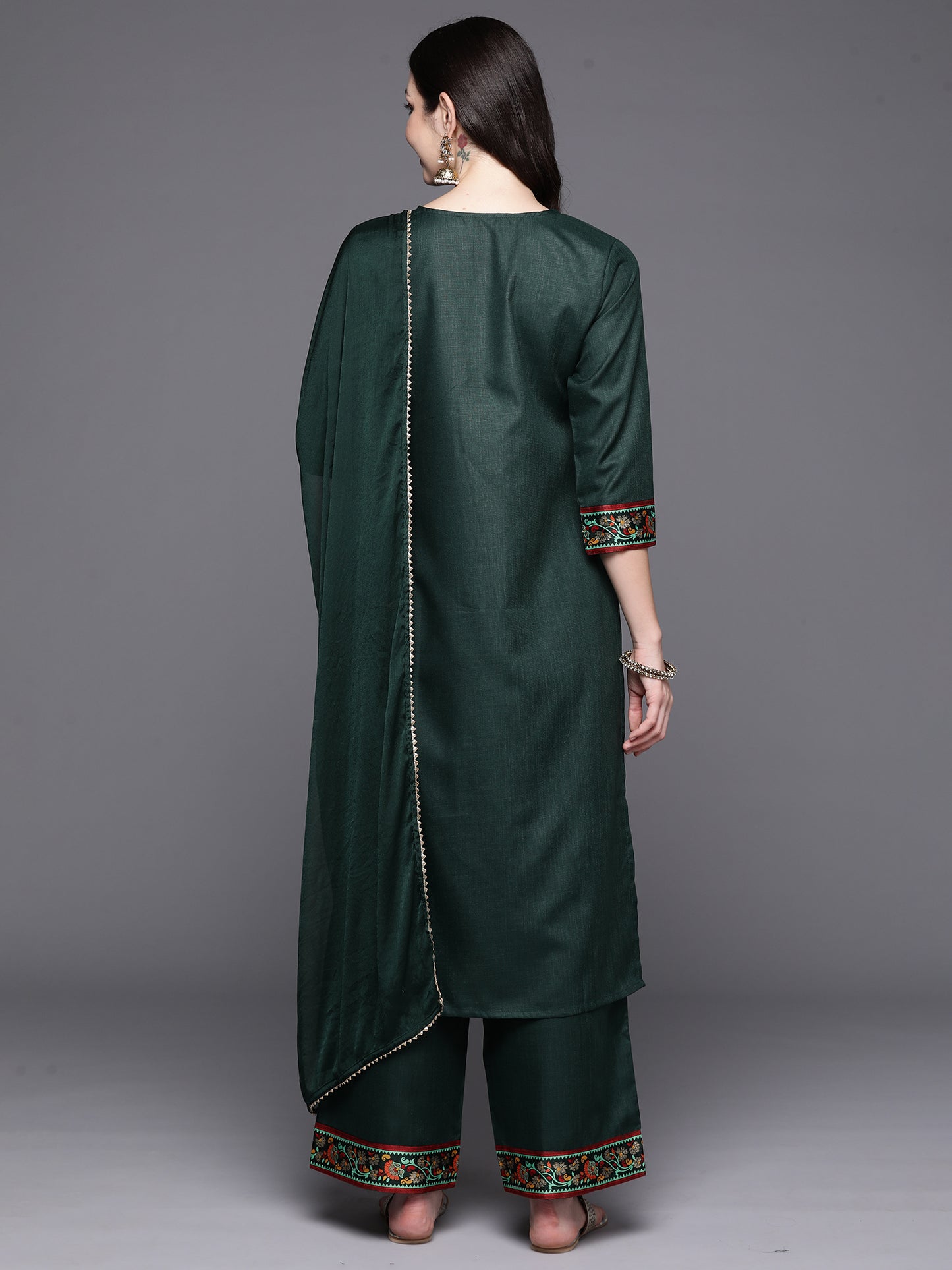 IE Green Yoke Design Straight Kurta Palazzos With Dupatta Set