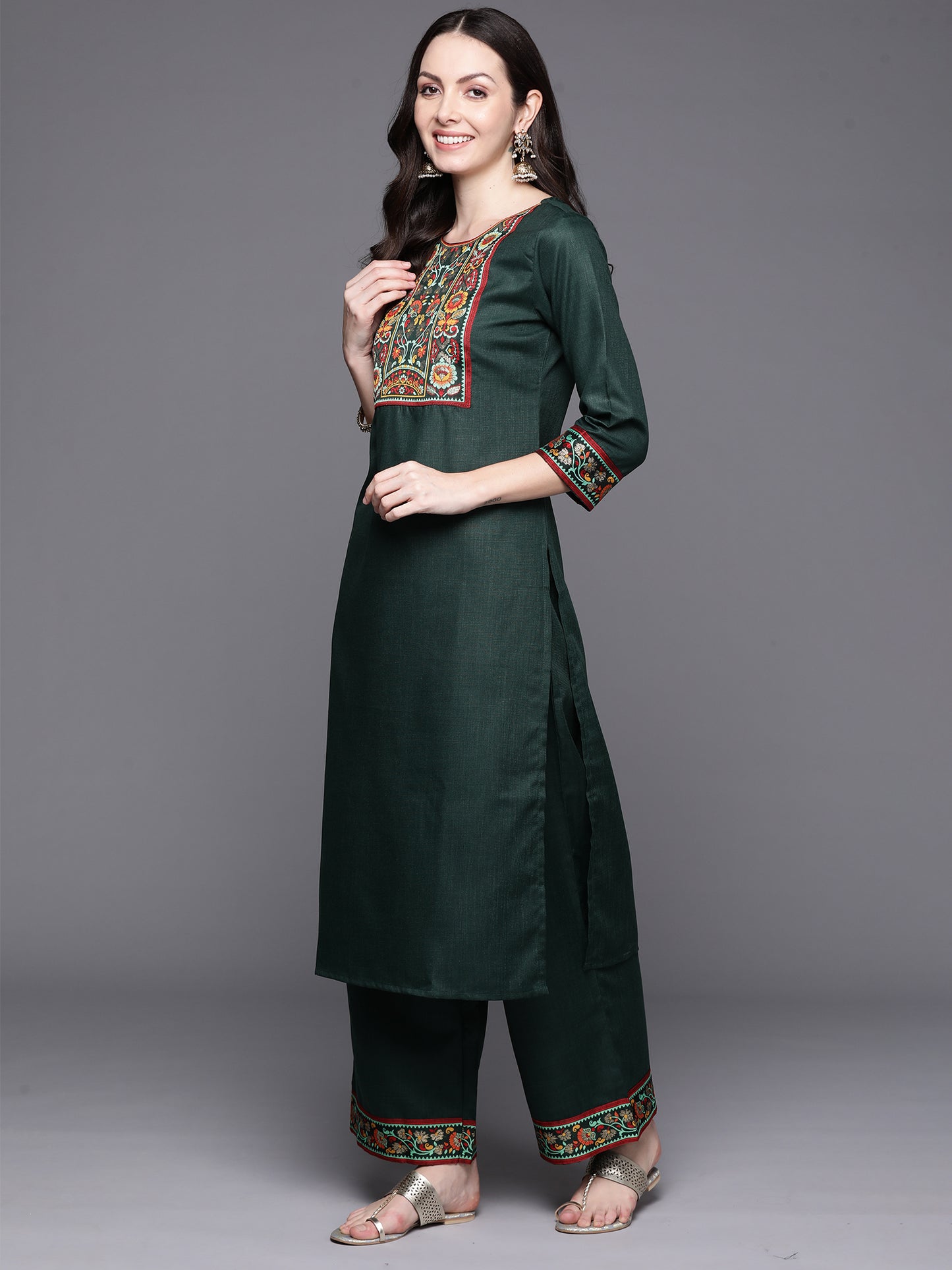 IE Green Yoke Design Straight Kurta Palazzos With Dupatta Set