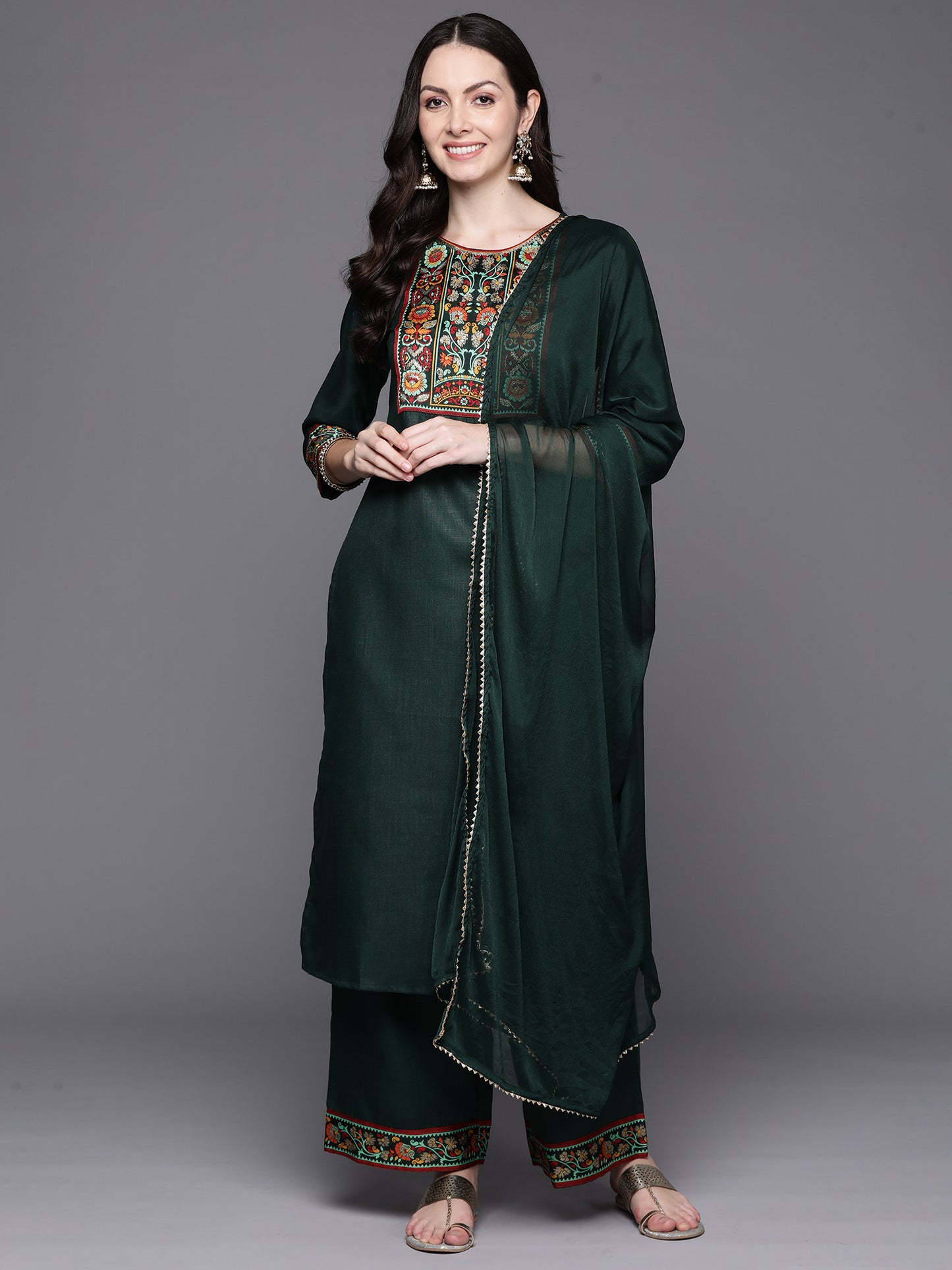 IE Green Yoke Design Straight Kurta Palazzos With Dupatta Set