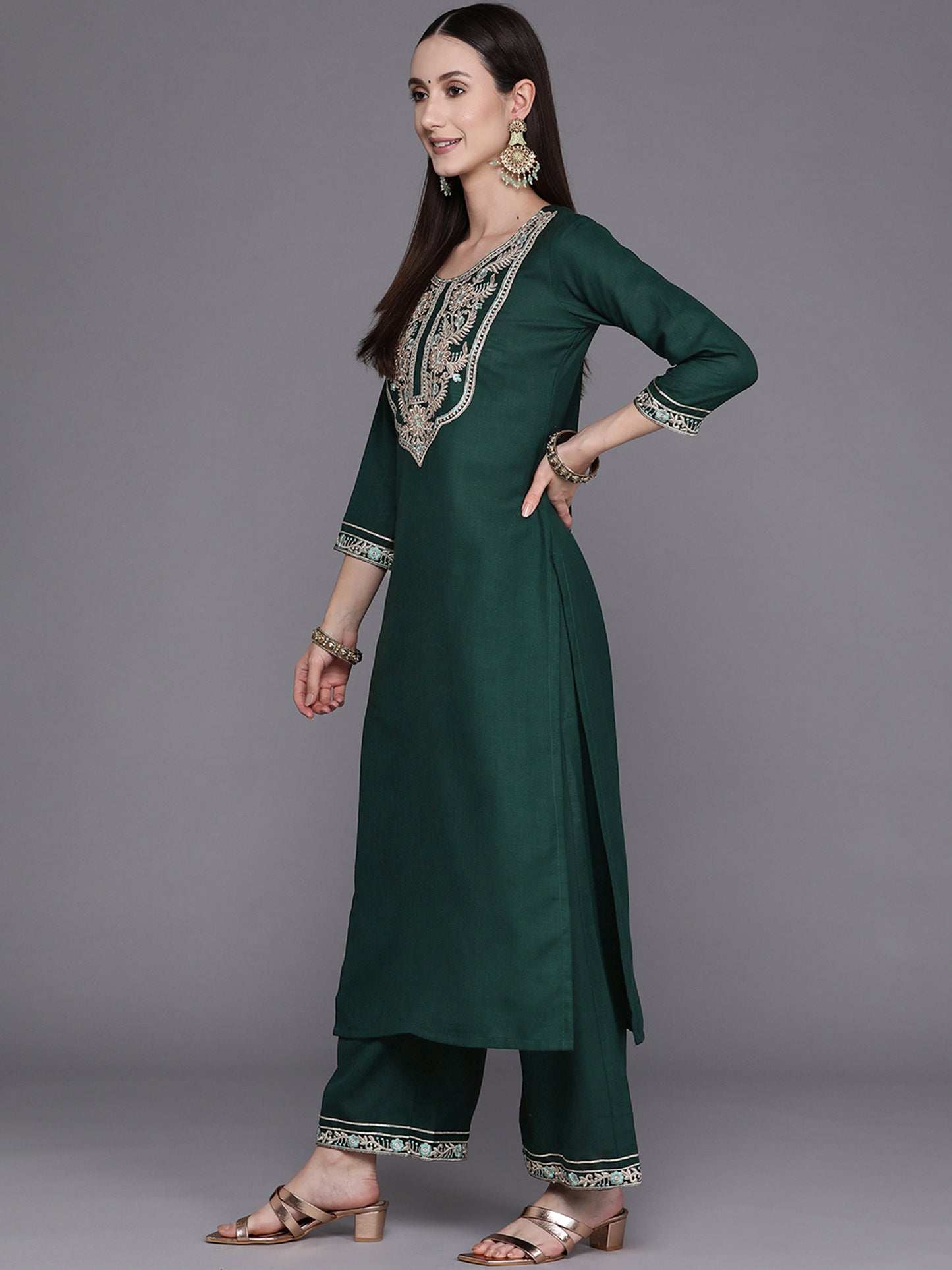 IE Green Embroidery Yoke Design Straight Kurta Palazzos With Dupatta Set