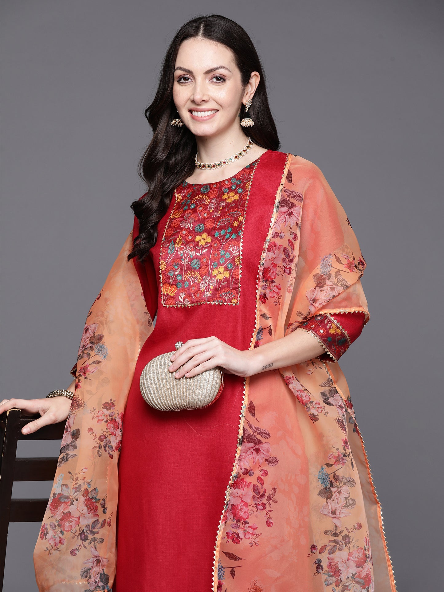 IE Maroon Yoke Design Straight Kurta Trousers With Dupatta Set