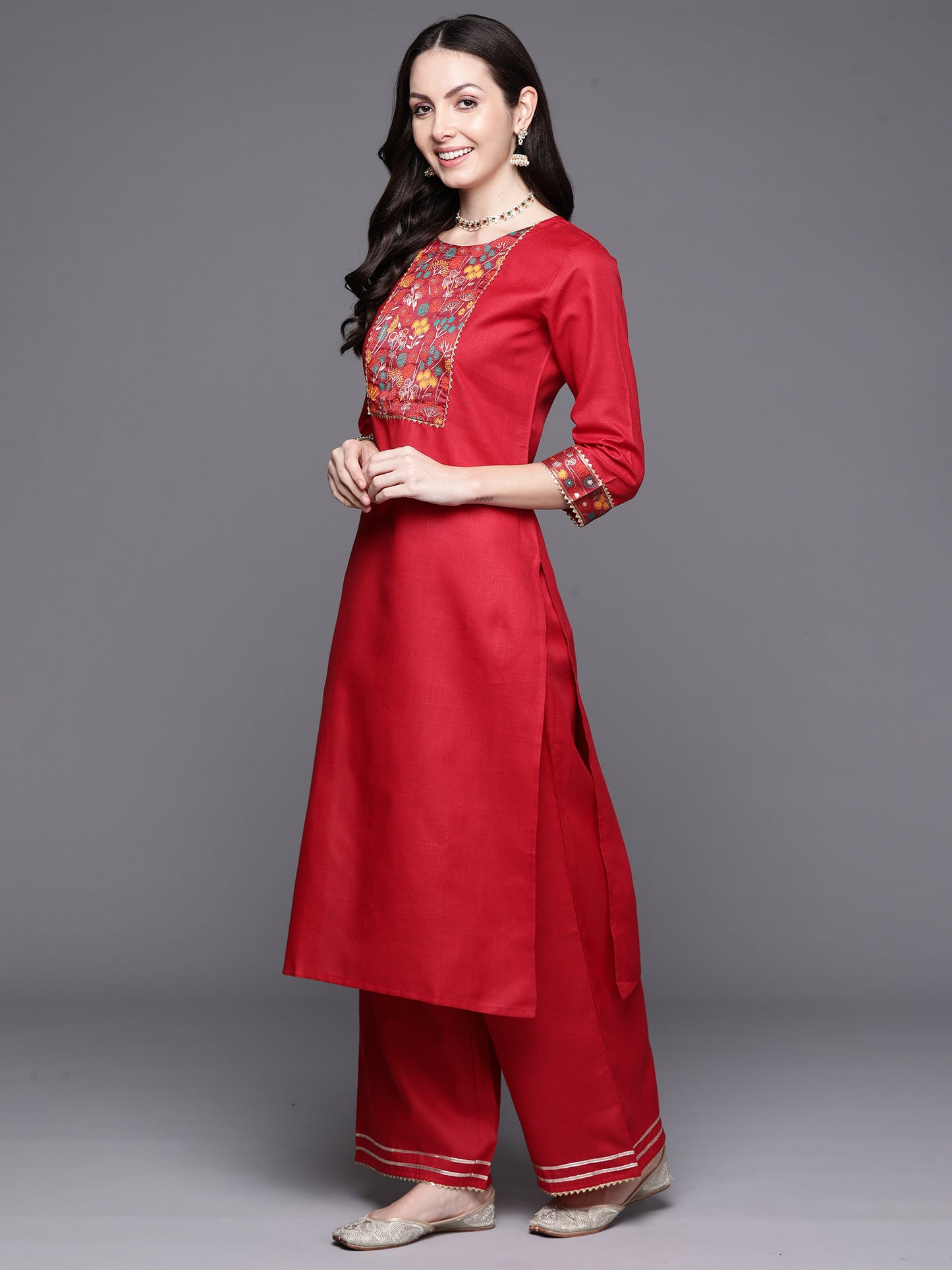 IE Maroon Yoke Design Straight Kurta Trousers With Dupatta Set