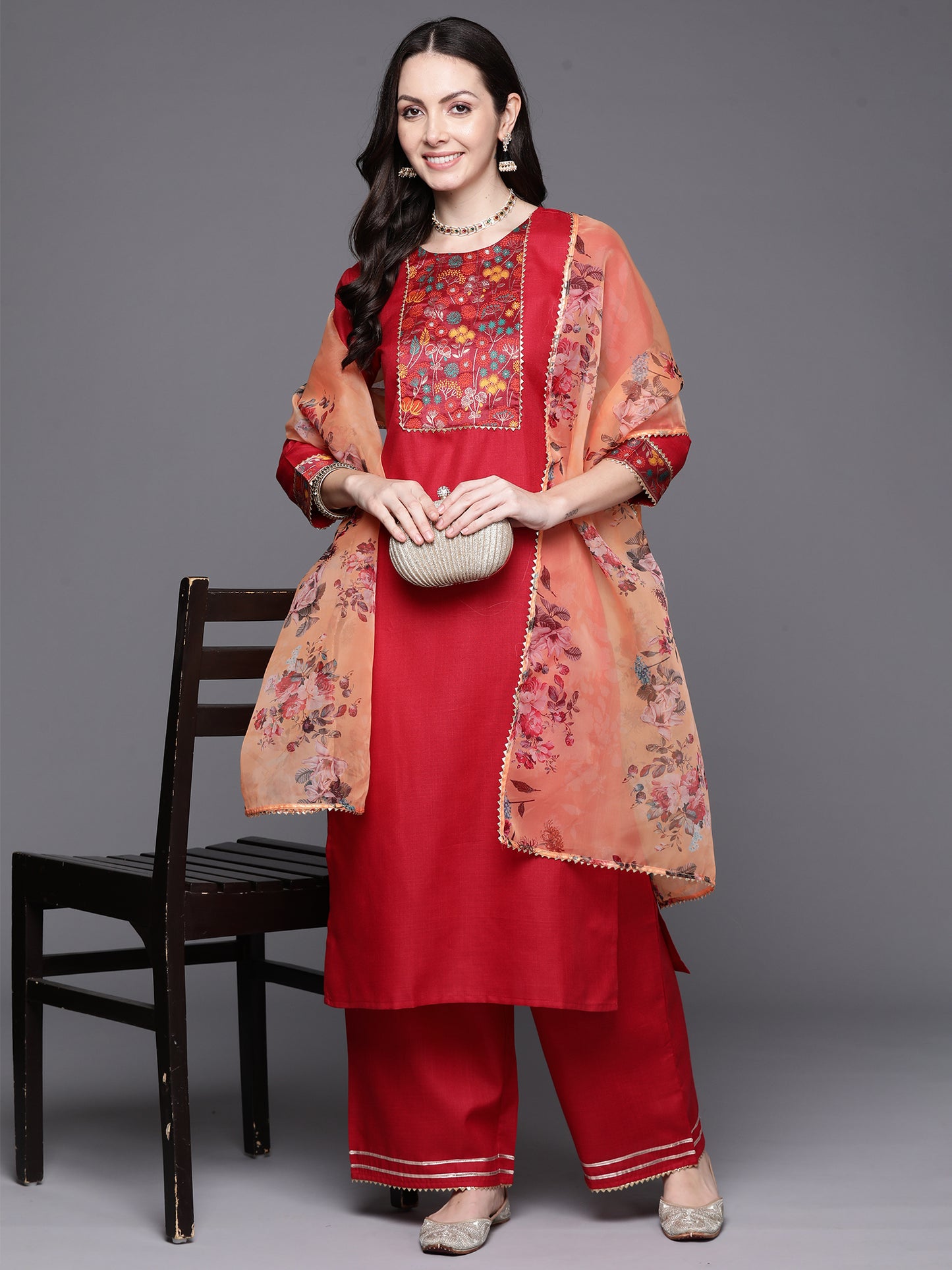 IE Maroon Yoke Design Straight Kurta Trousers With Dupatta Set