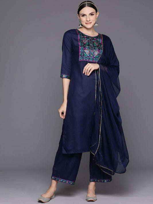 IE Navy Blue Yoke Design Straight Kurta Palazzos With Dupatta Set