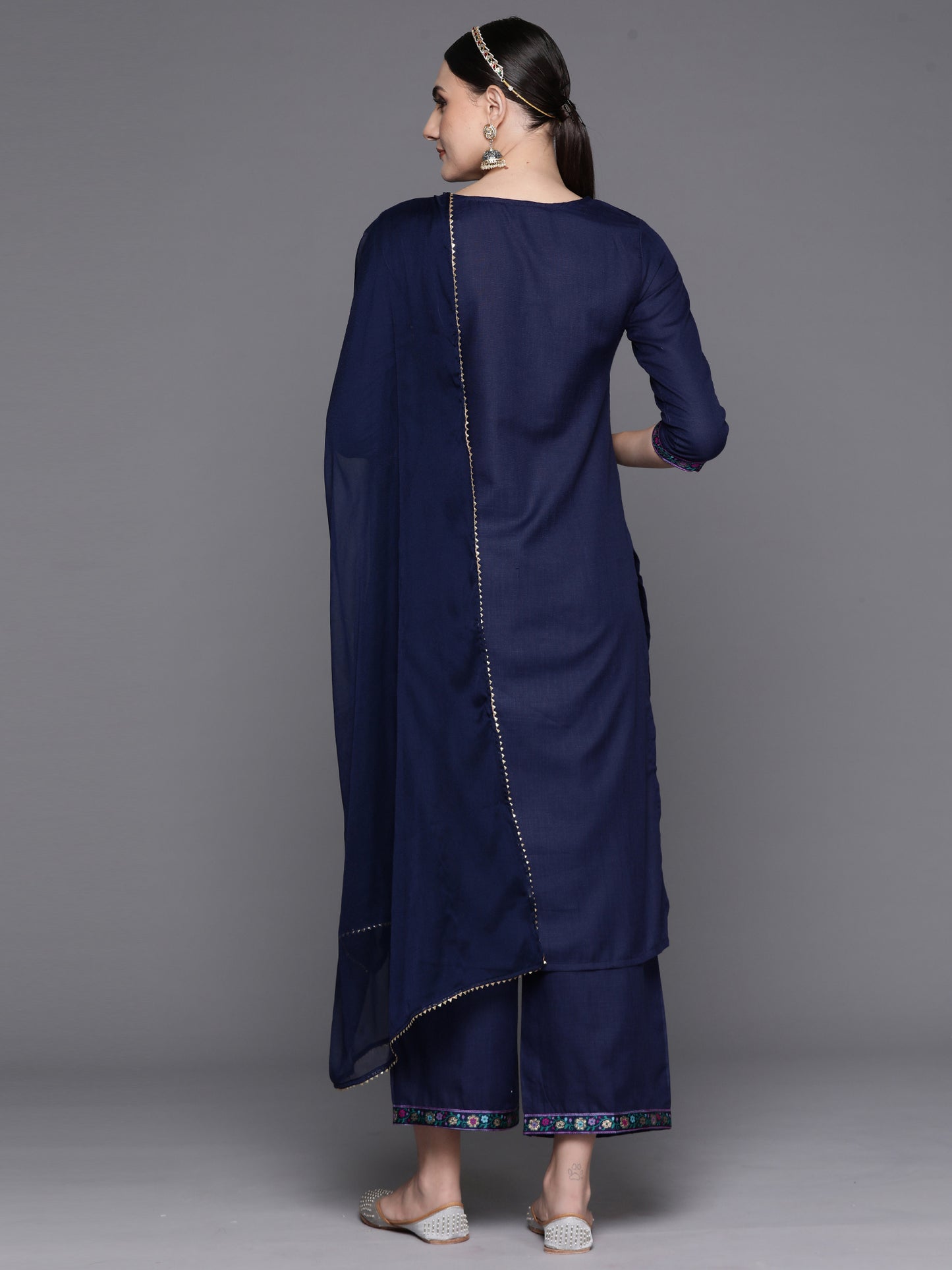 IE Navy Blue Yoke Design Straight Kurta Palazzos With Dupatta Set