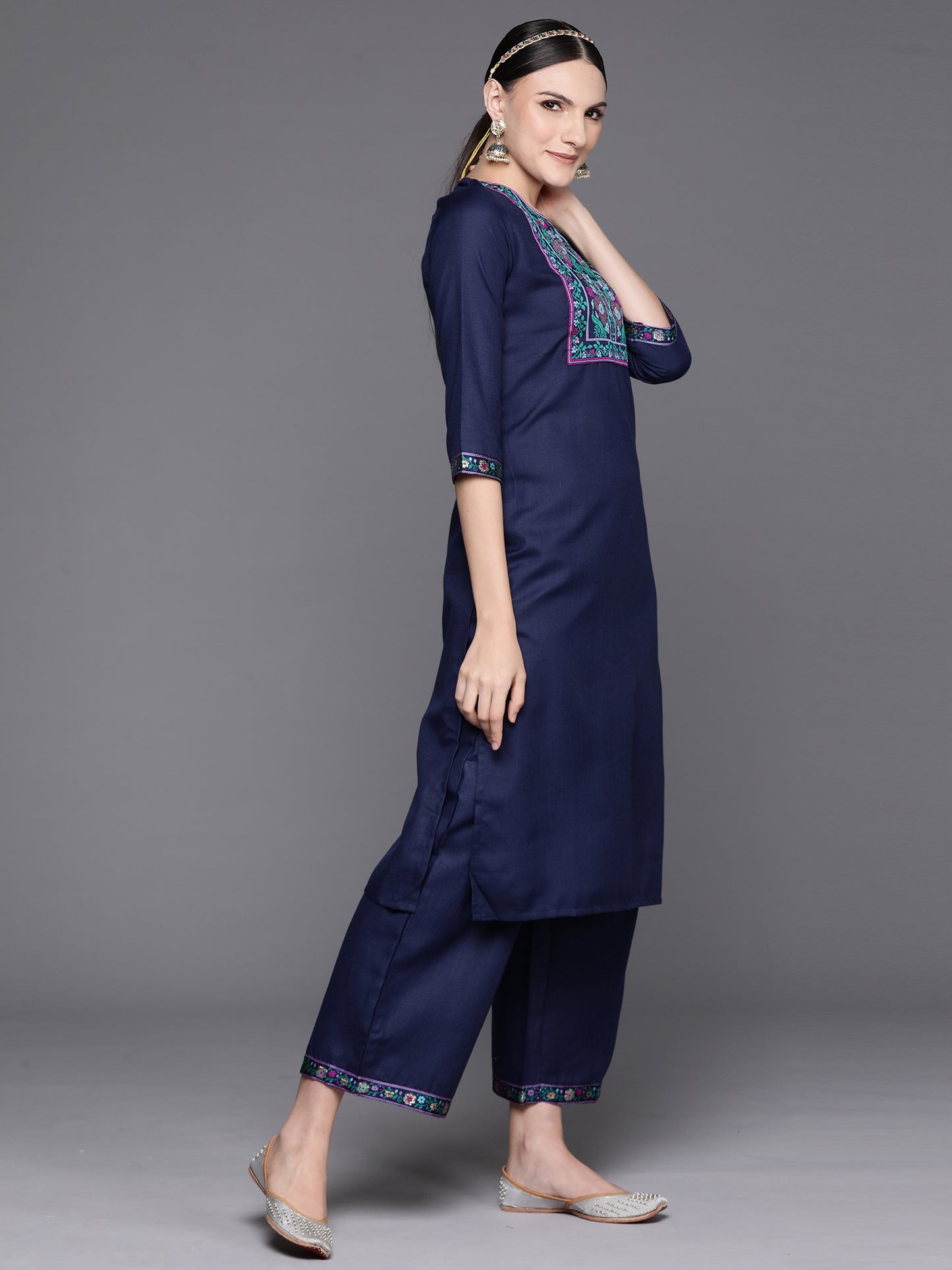 IE Navy Blue Yoke Design Straight Kurta Palazzos With Dupatta Set