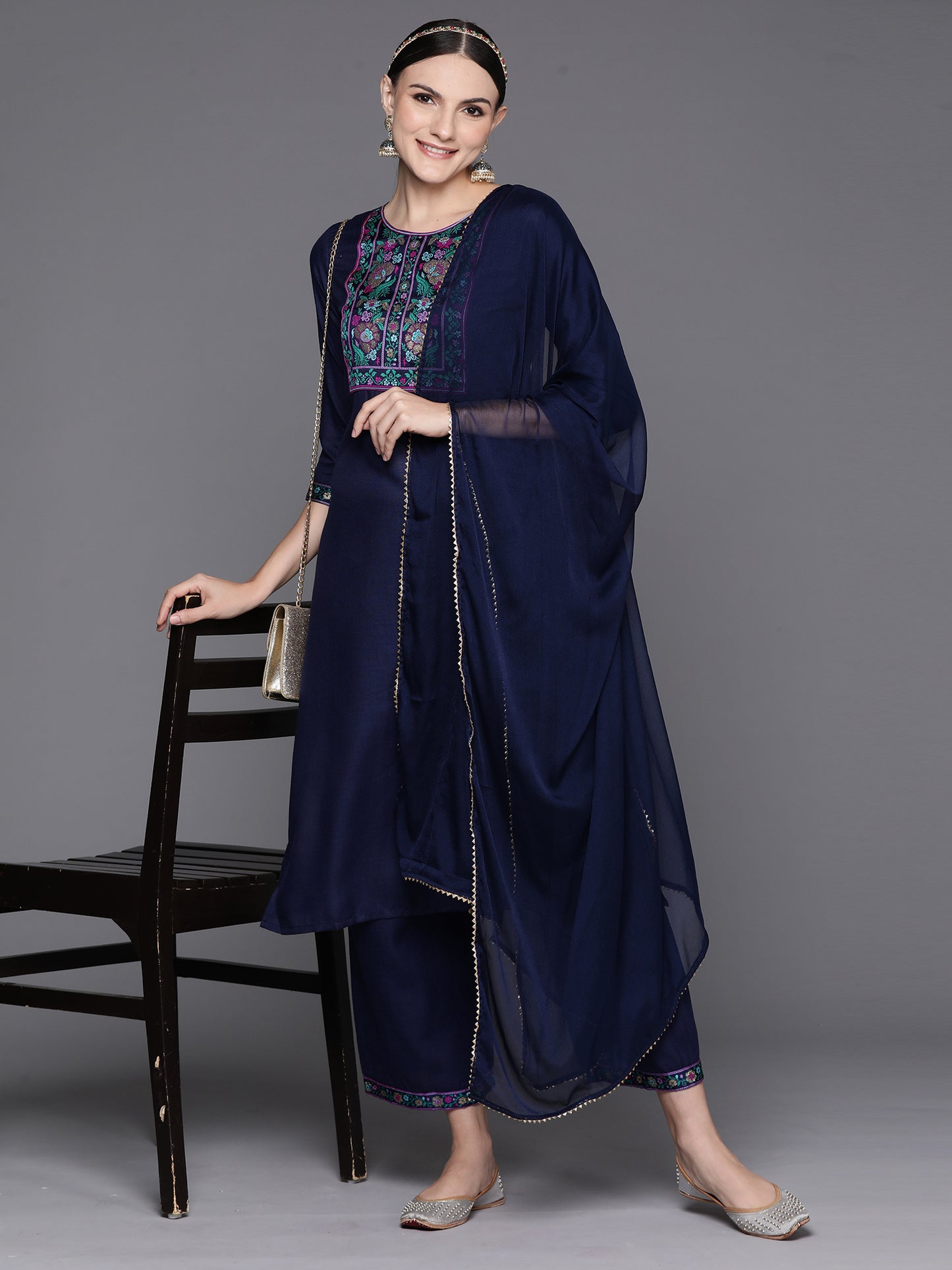 IE Navy Blue Yoke Design Straight Kurta Palazzos With Dupatta Set