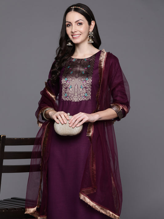 IE Purple Yoke Design Straight Kurta Palazzos With Dupatta Set