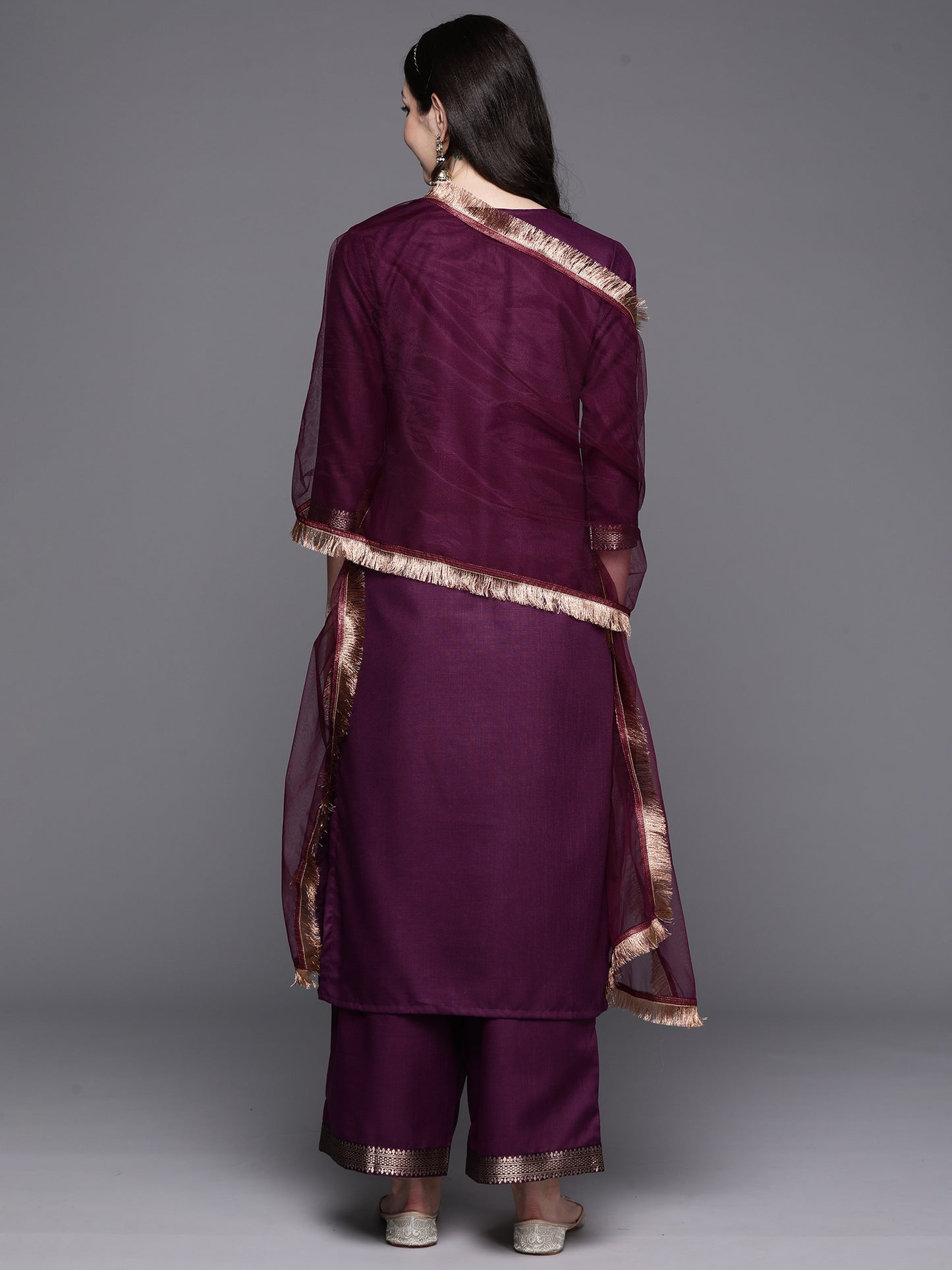 IE Purple Yoke Design Straight Kurta Palazzos With Dupatta Set