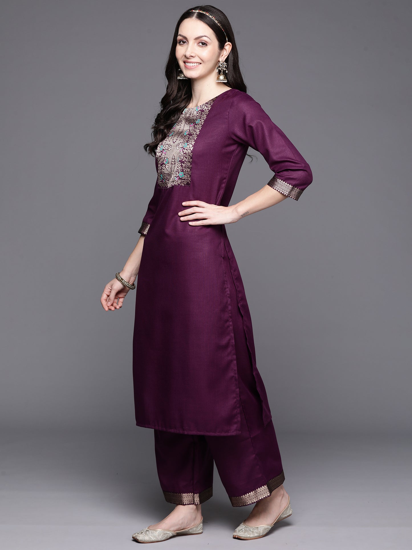 IE Purple Yoke Design Straight Kurta Palazzos With Dupatta Set