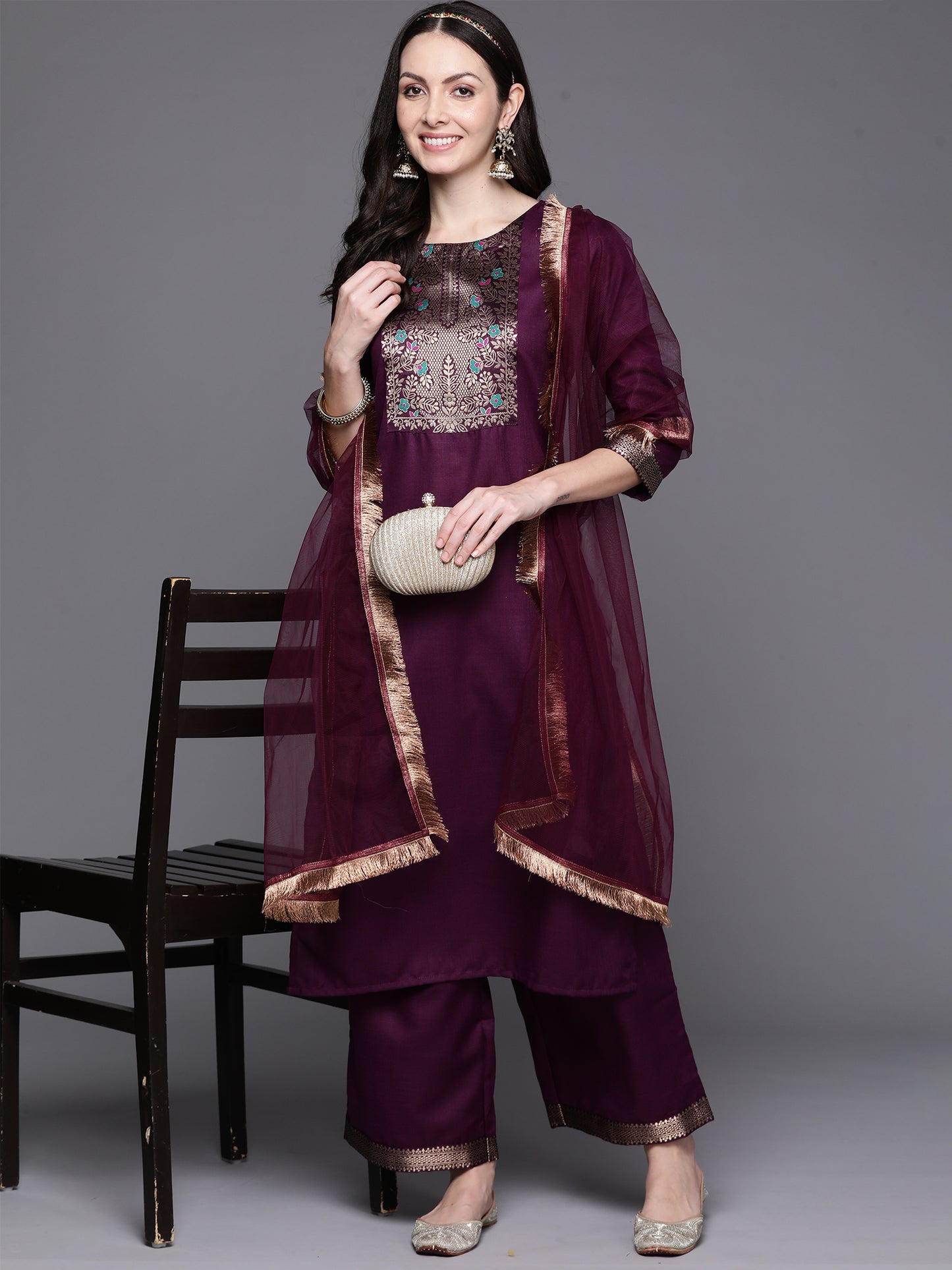 IE Purple Yoke Design Straight Kurta Palazzos With Dupatta Set