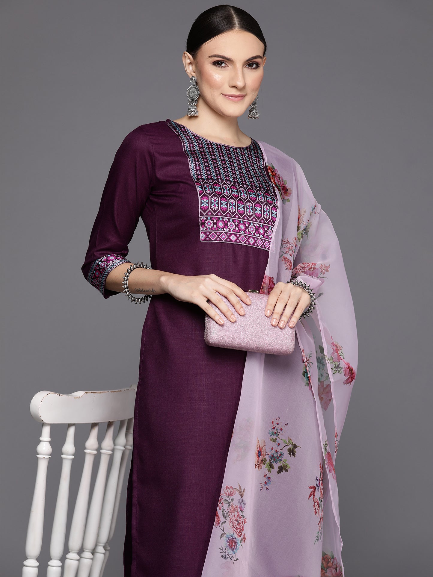 IE Purple Yoke Design Straight Kurta Palazzos With Dupatta Set