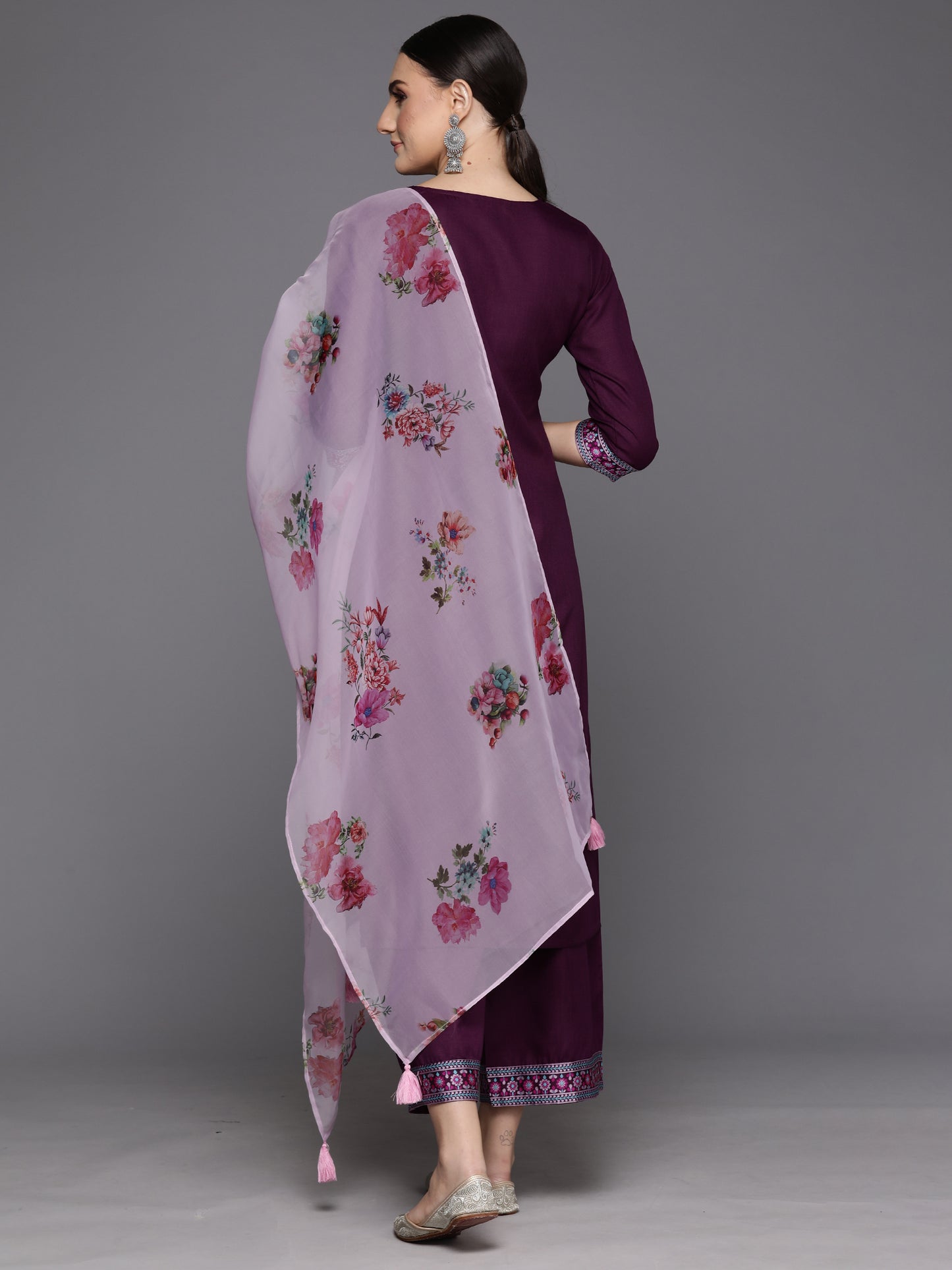 IE Purple Yoke Design Straight Kurta Palazzos With Dupatta Set