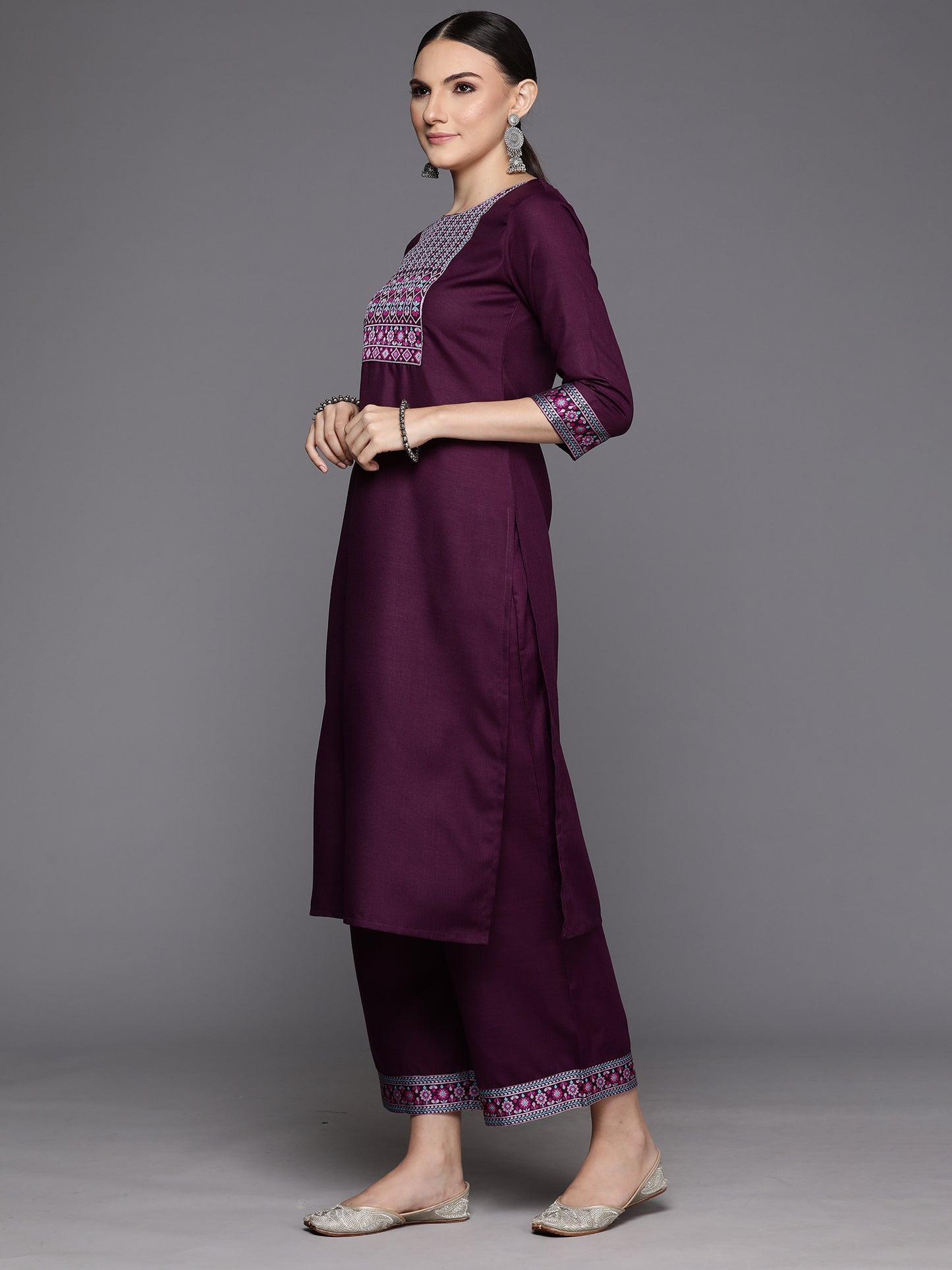 IE Purple Yoke Design Straight Kurta Palazzos With Dupatta Set