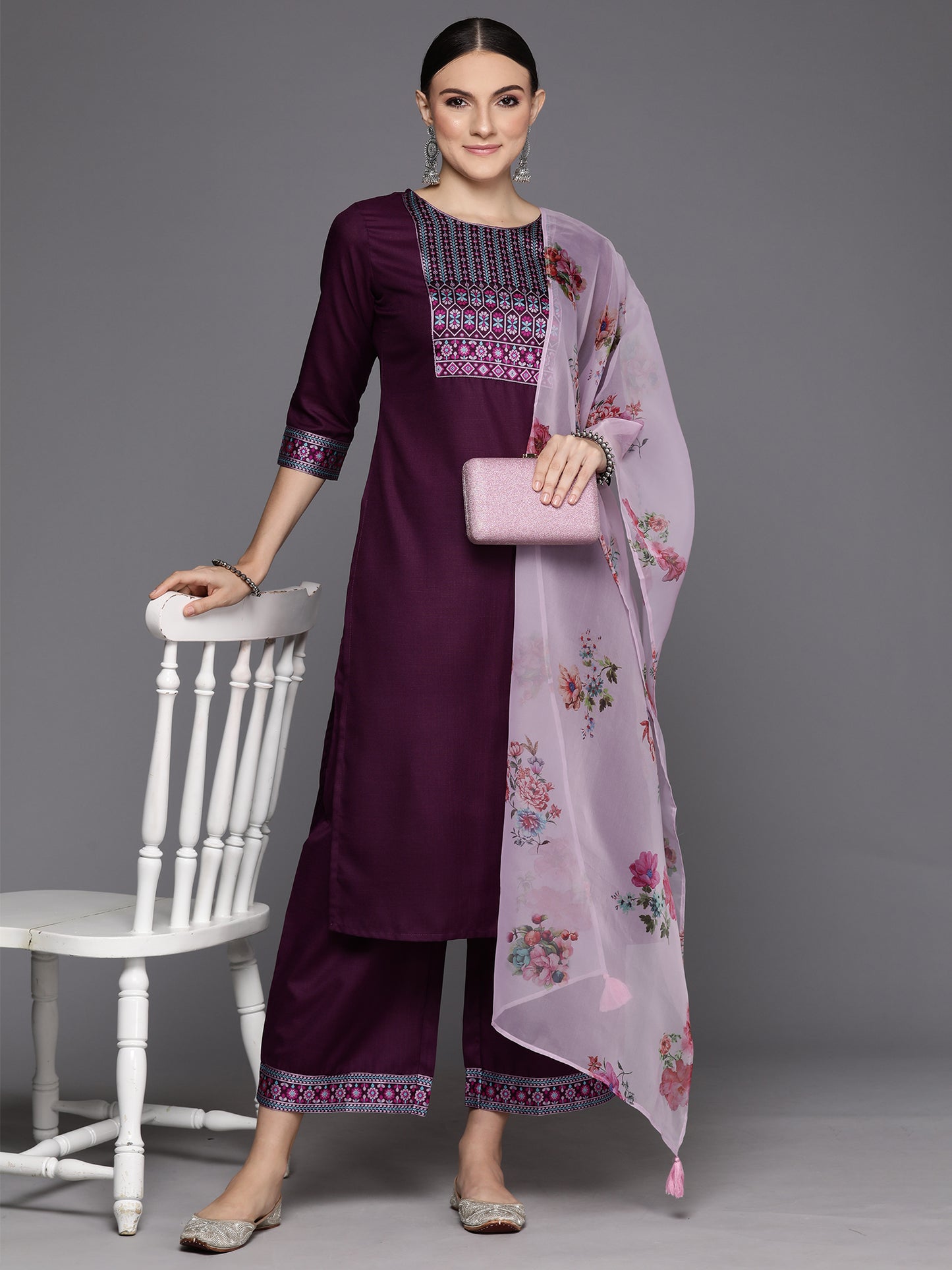 IE Purple Yoke Design Straight Kurta Palazzos With Dupatta Set