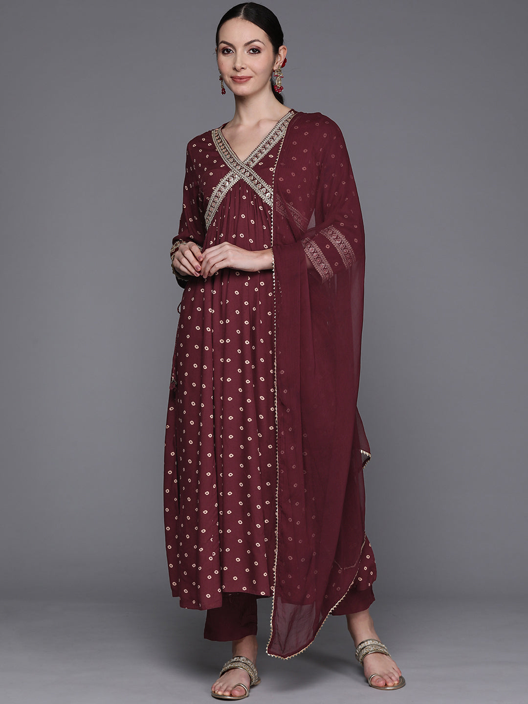 IE Maroon Printed Straight Kurta Trousers With Dupatta Set