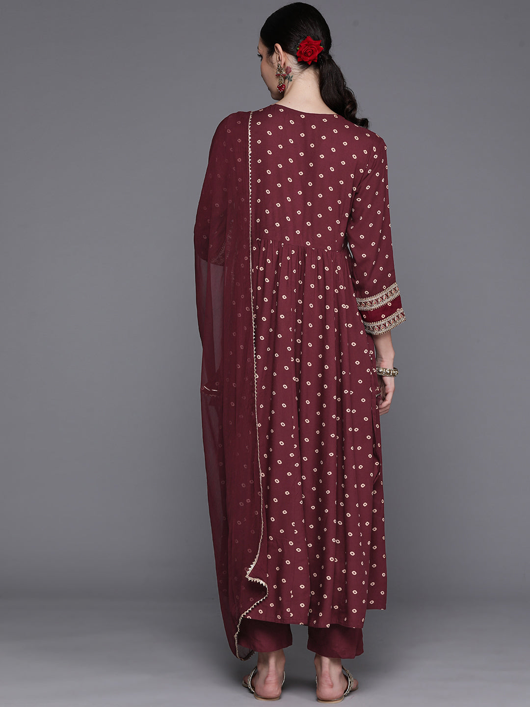 IE Maroon Printed Straight Kurta Trousers With Dupatta Set