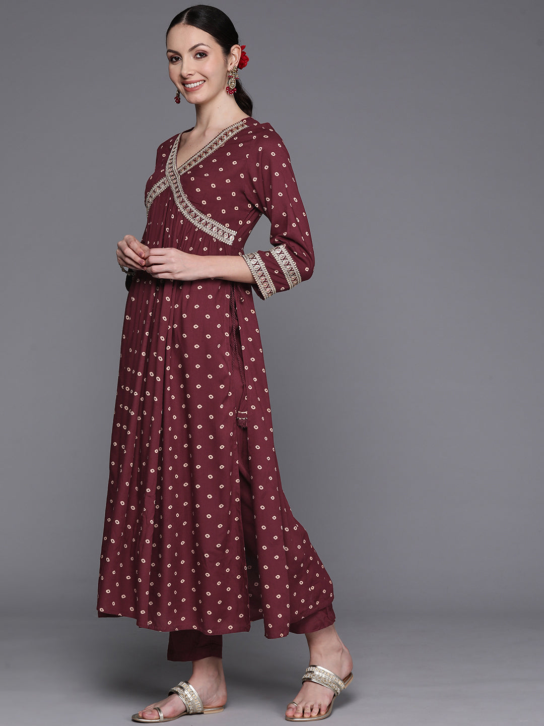 IE Maroon Printed Straight Kurta Trousers With Dupatta Set