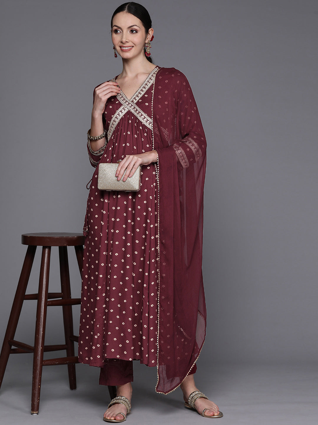 IE Maroon Printed Straight Kurta Trousers With Dupatta Set