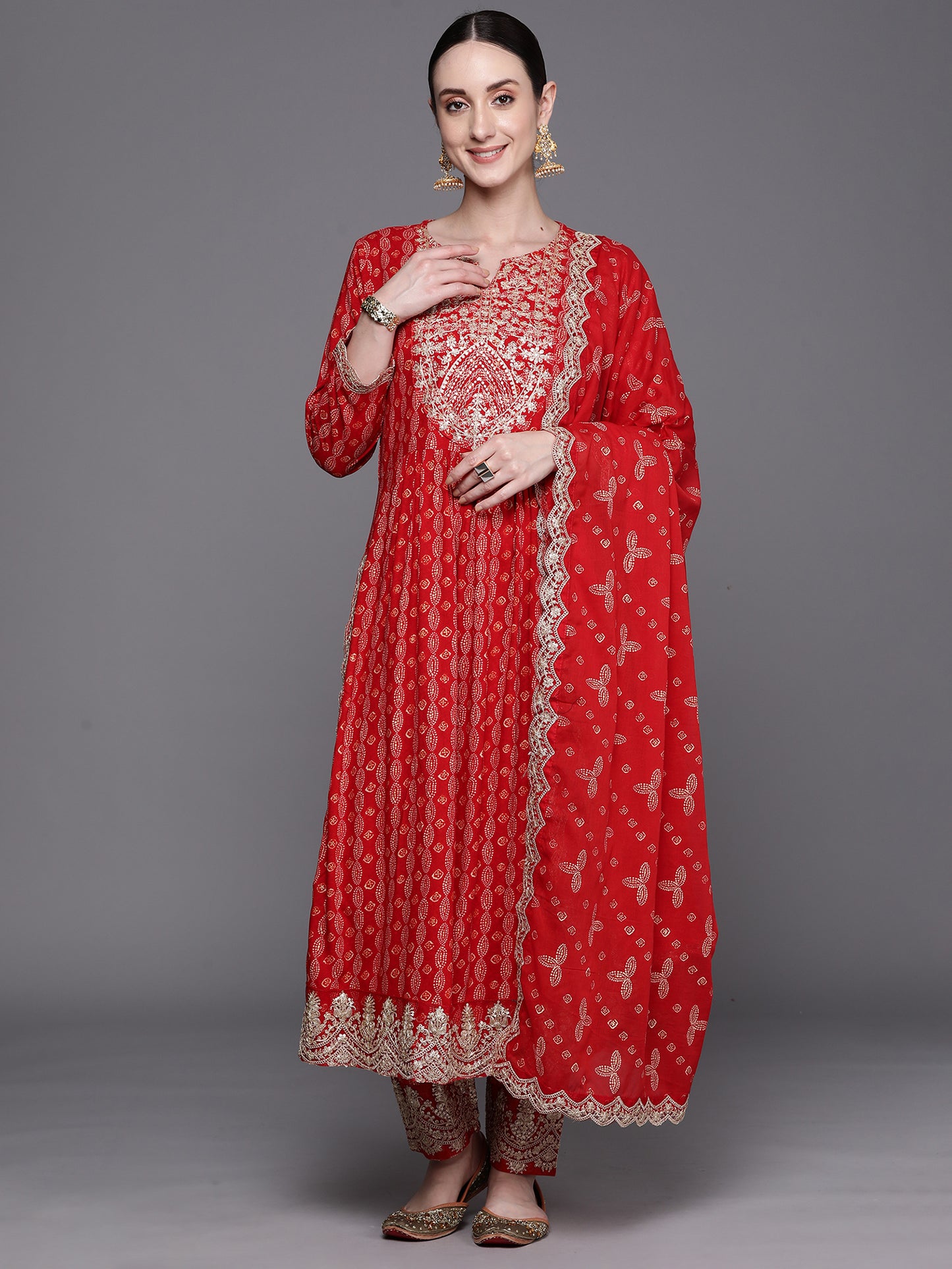 IE Red Printed Straight Kurta Trousers With Dupatta Set