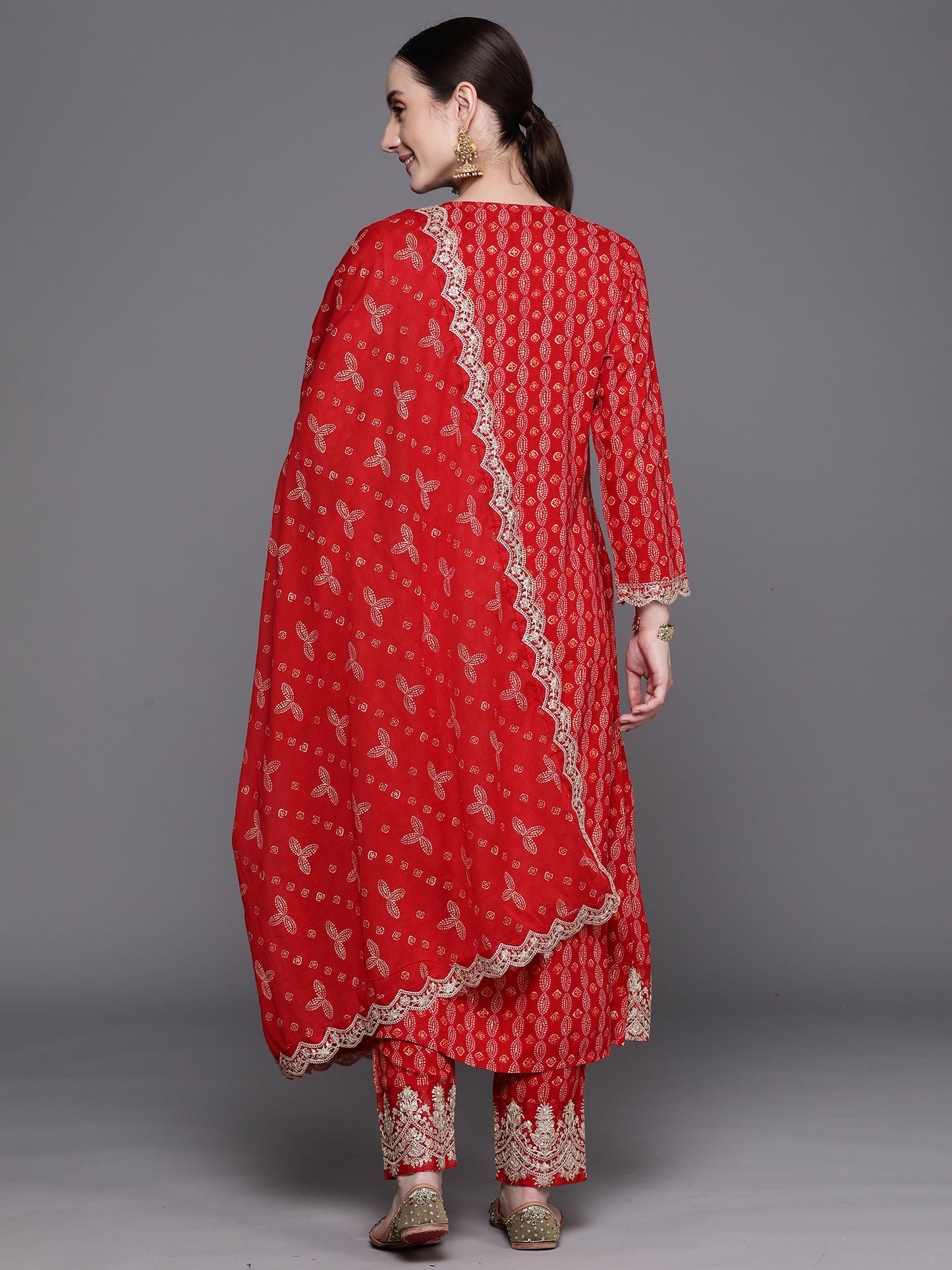 IE Red Printed Straight Kurta Trousers With Dupatta Set