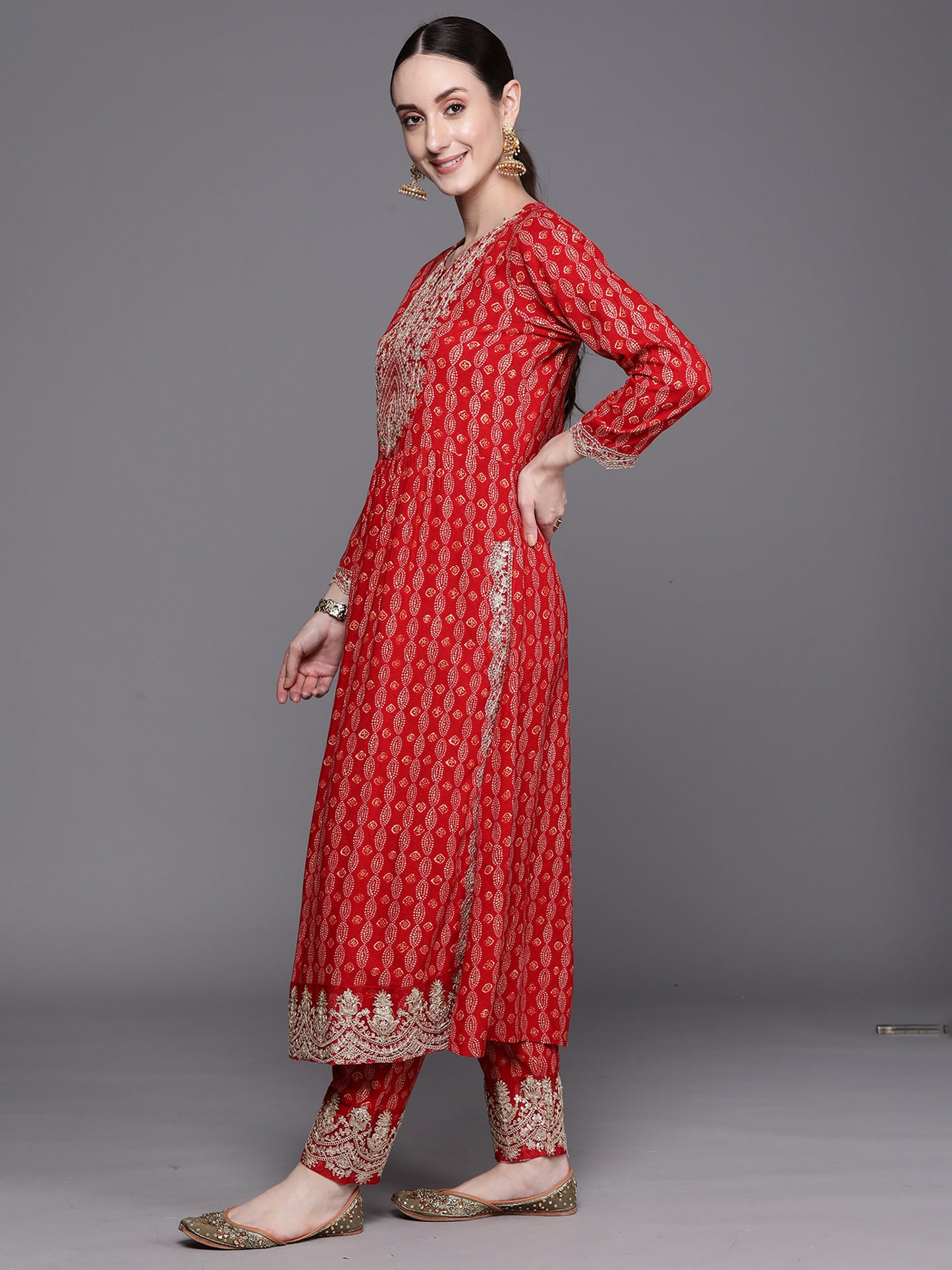 IE Red Printed Straight Kurta Trousers With Dupatta Set