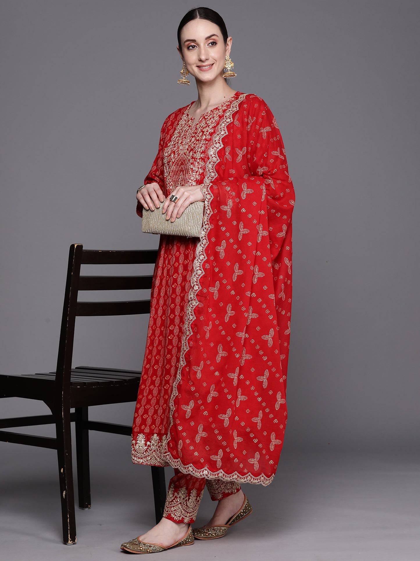 IE Red Printed Straight Kurta Trousers With Dupatta Set