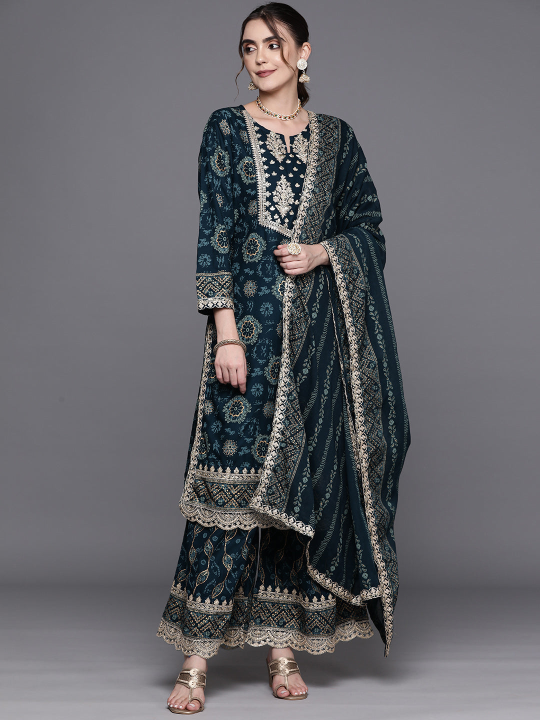 IE Teal Printed Straight Kurta Sharara With Dupatta Set