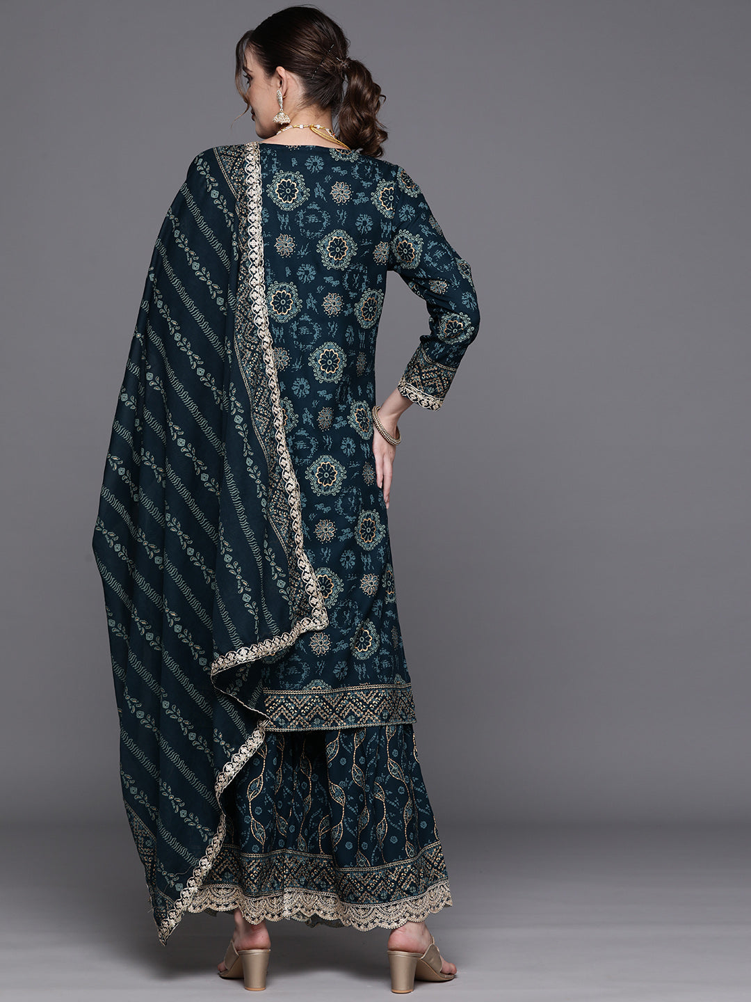 IE Teal Printed Straight Kurta Sharara With Dupatta Set