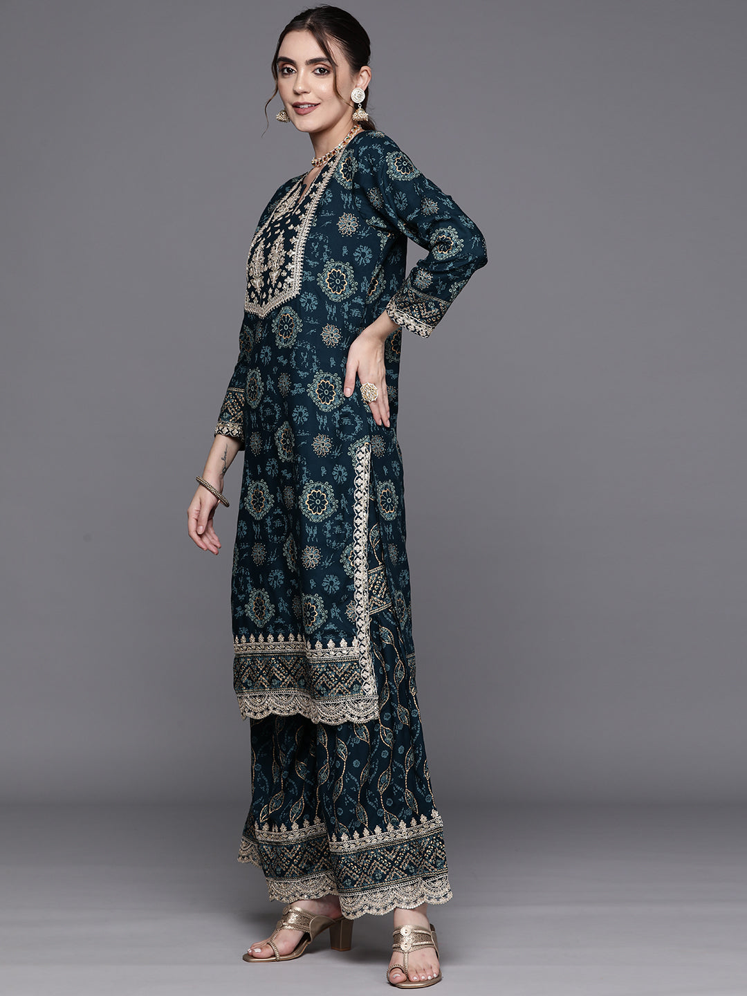 IE Teal Printed Straight Kurta Sharara With Dupatta Set