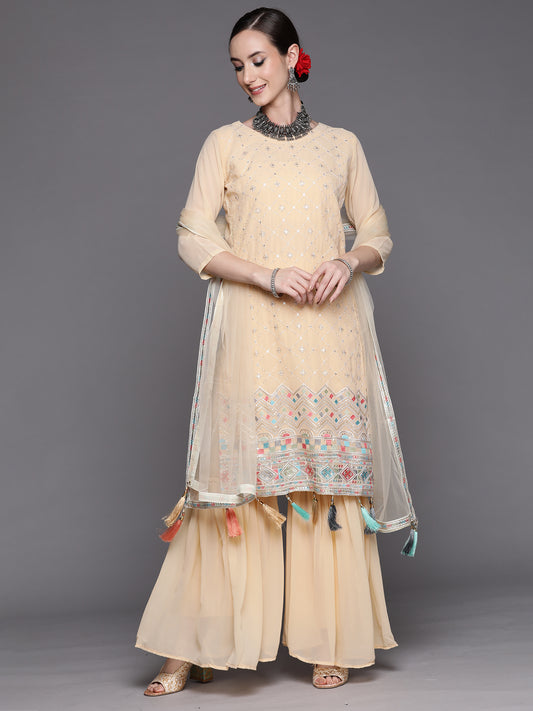 IE Beige Embroidered Straight Kurta Sharara With Dupatta Set