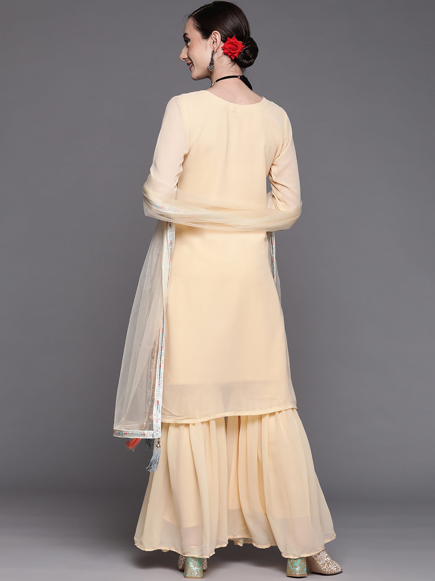 IE Beige Embroidered Straight Kurta Sharara With Dupatta Set