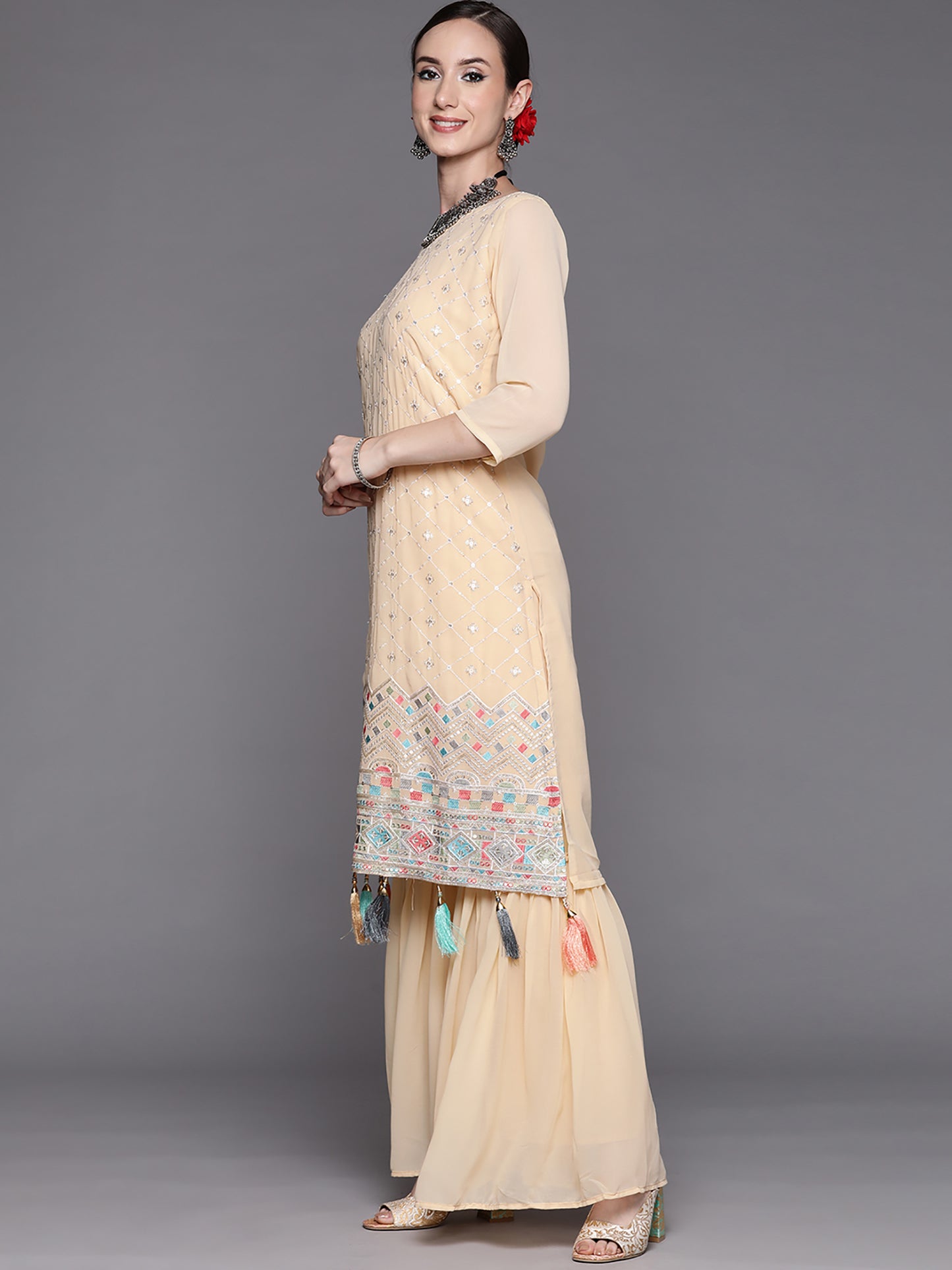 IE Beige Embroidered Straight Kurta Sharara With Dupatta Set