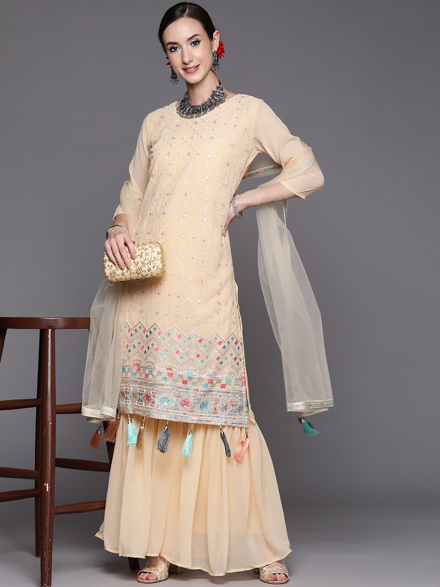 IE Beige Embroidered Straight Kurta Sharara With Dupatta Set