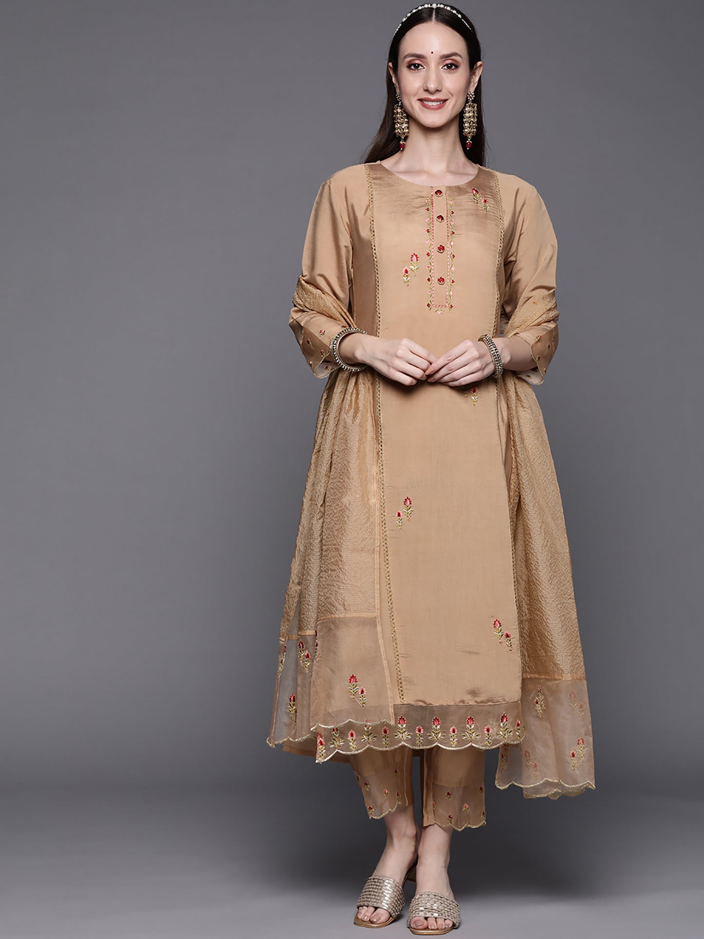 IE Beige Embroidered Straight Kurta Trousers With Dupatta Set