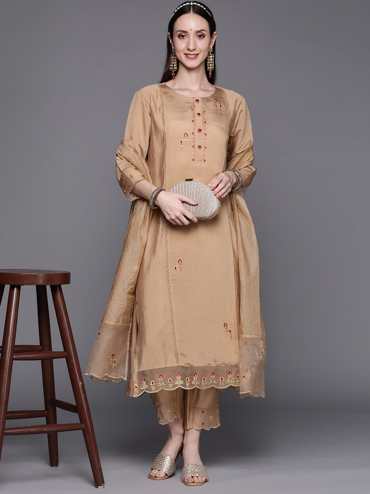 IE Beige Embroidered Straight Kurta Trousers With Dupatta Set