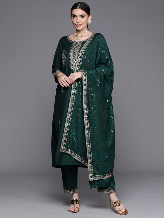 IE Bottle Green Embroidered Ethnic Straight Kurta Trouser With Dupatta Set