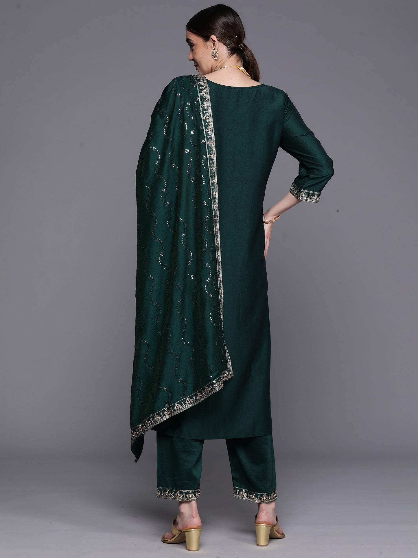 IE Bottle Green Embroidered Ethnic Straight Kurta Trouser With Dupatta Set