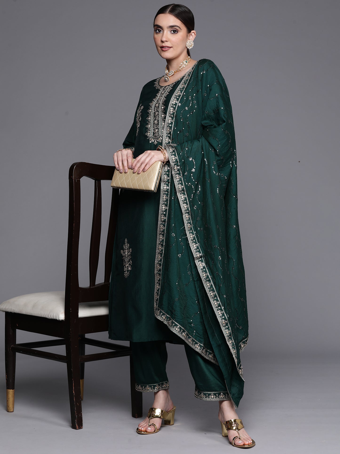 IE Bottle Green Embroidered Ethnic Straight Kurta Trouser With Dupatta Set