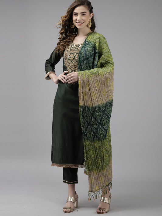 IE Green Embroidered Straight Kurta Trouser With Dupatta Set