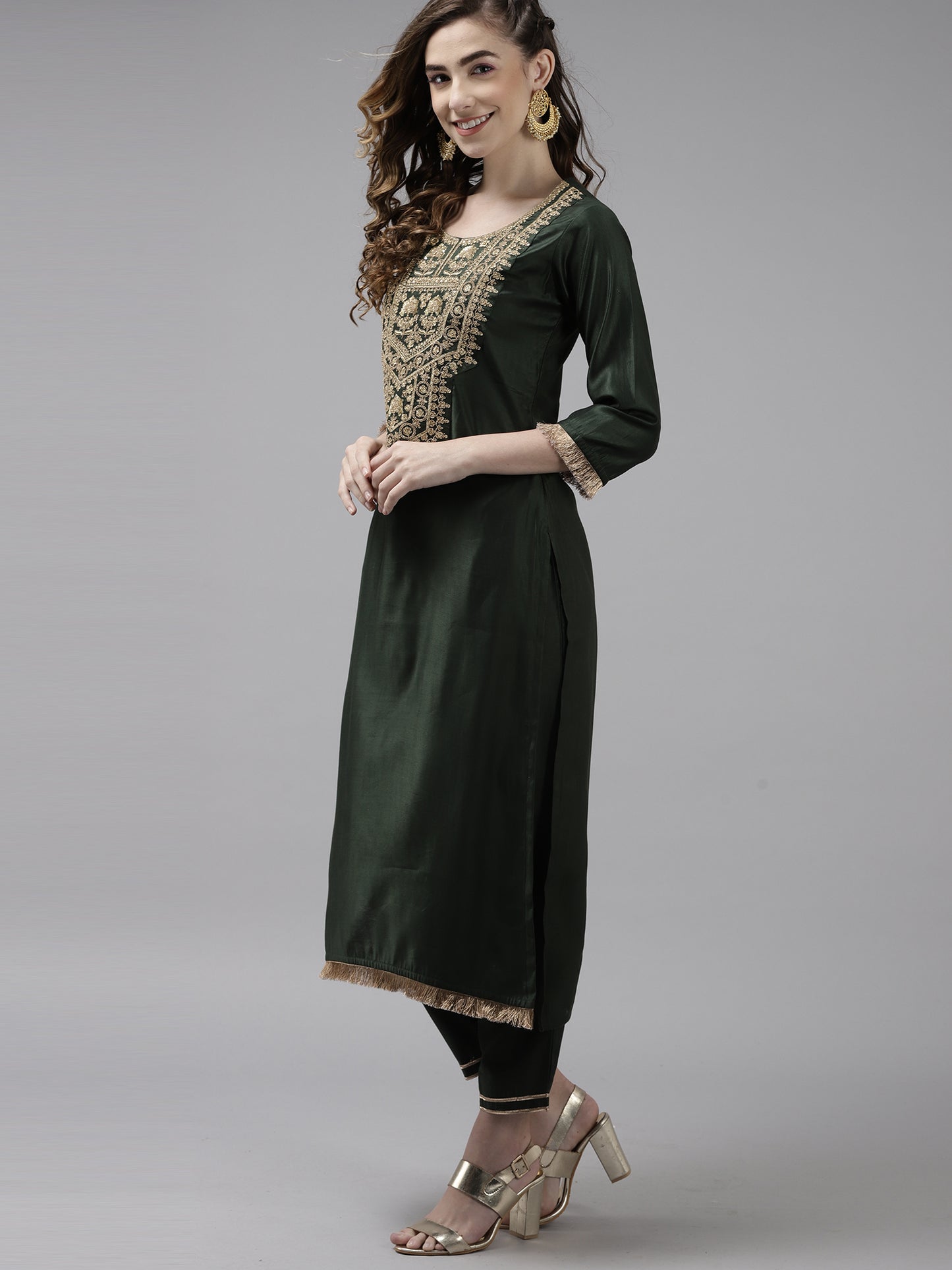 IE Green Embroidered Straight Kurta Trouser With Dupatta Set