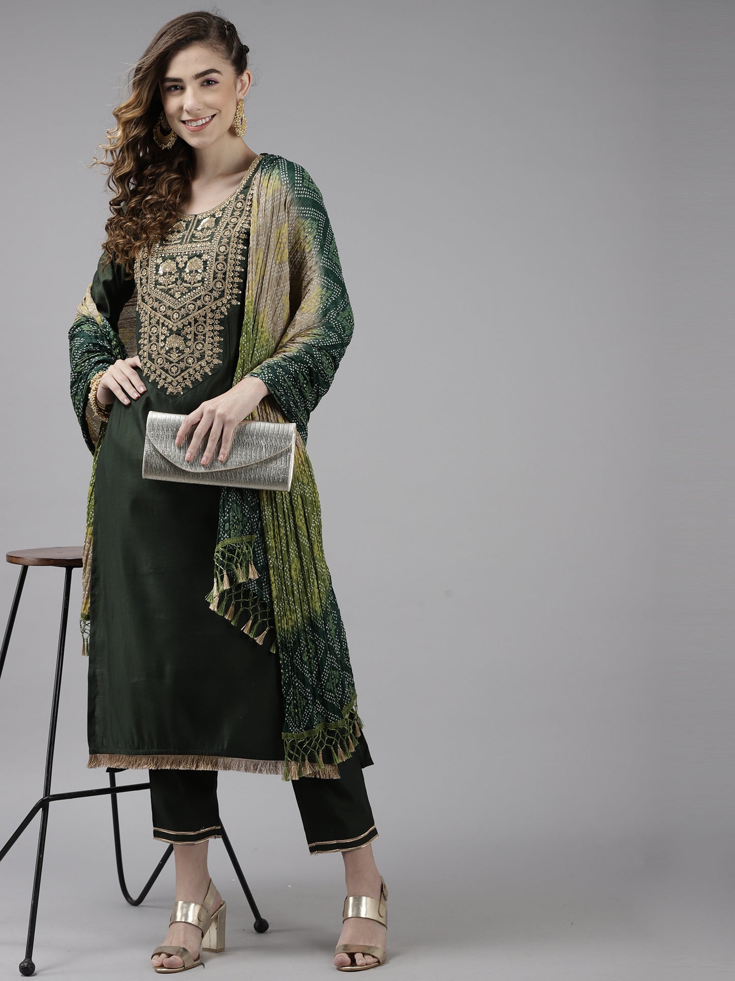 IE Green Embroidered Straight Kurta Trouser With Dupatta Set