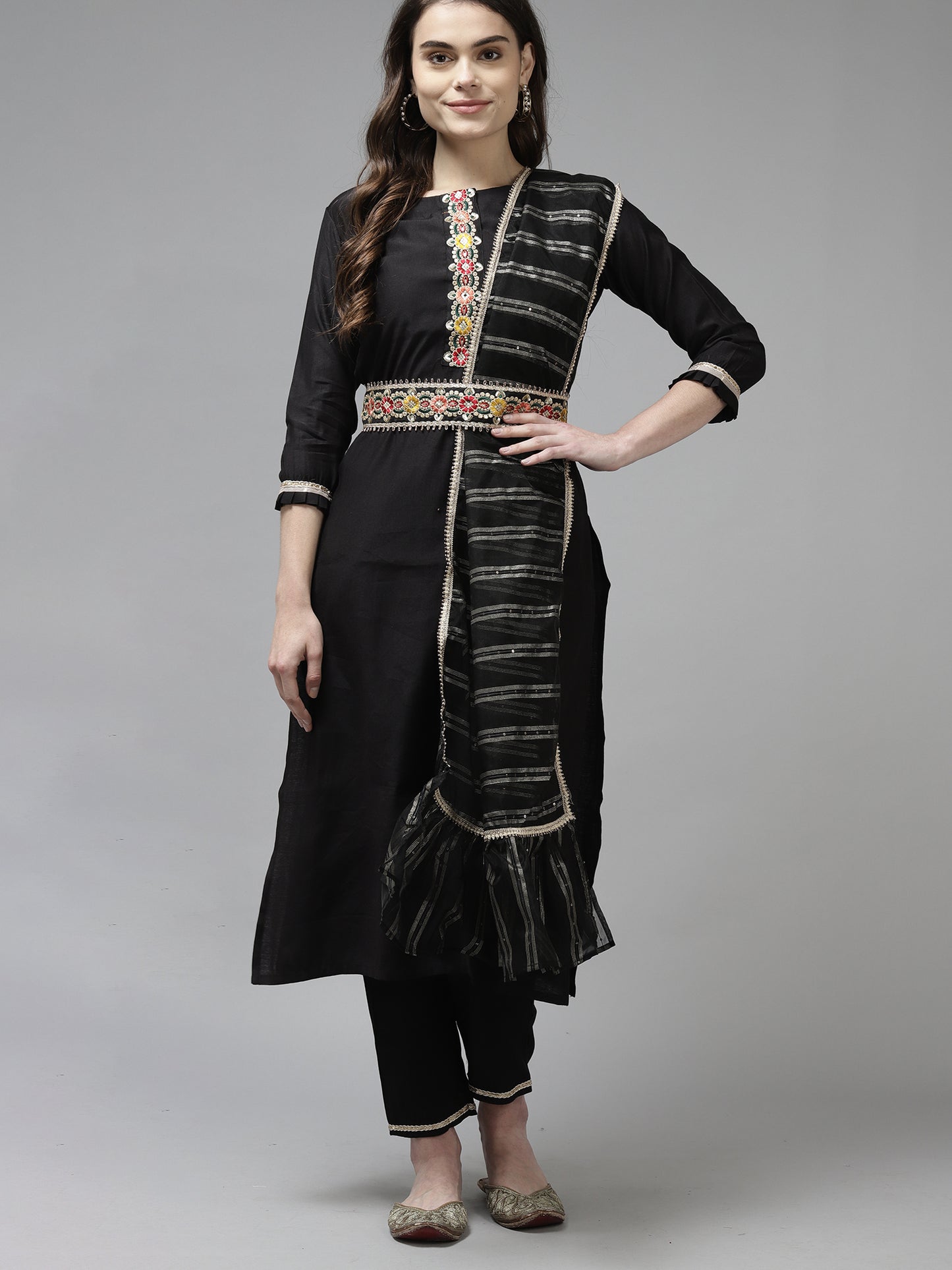 IE Black Solid Straight Kurta Trouser With Dupatta and Belt Set