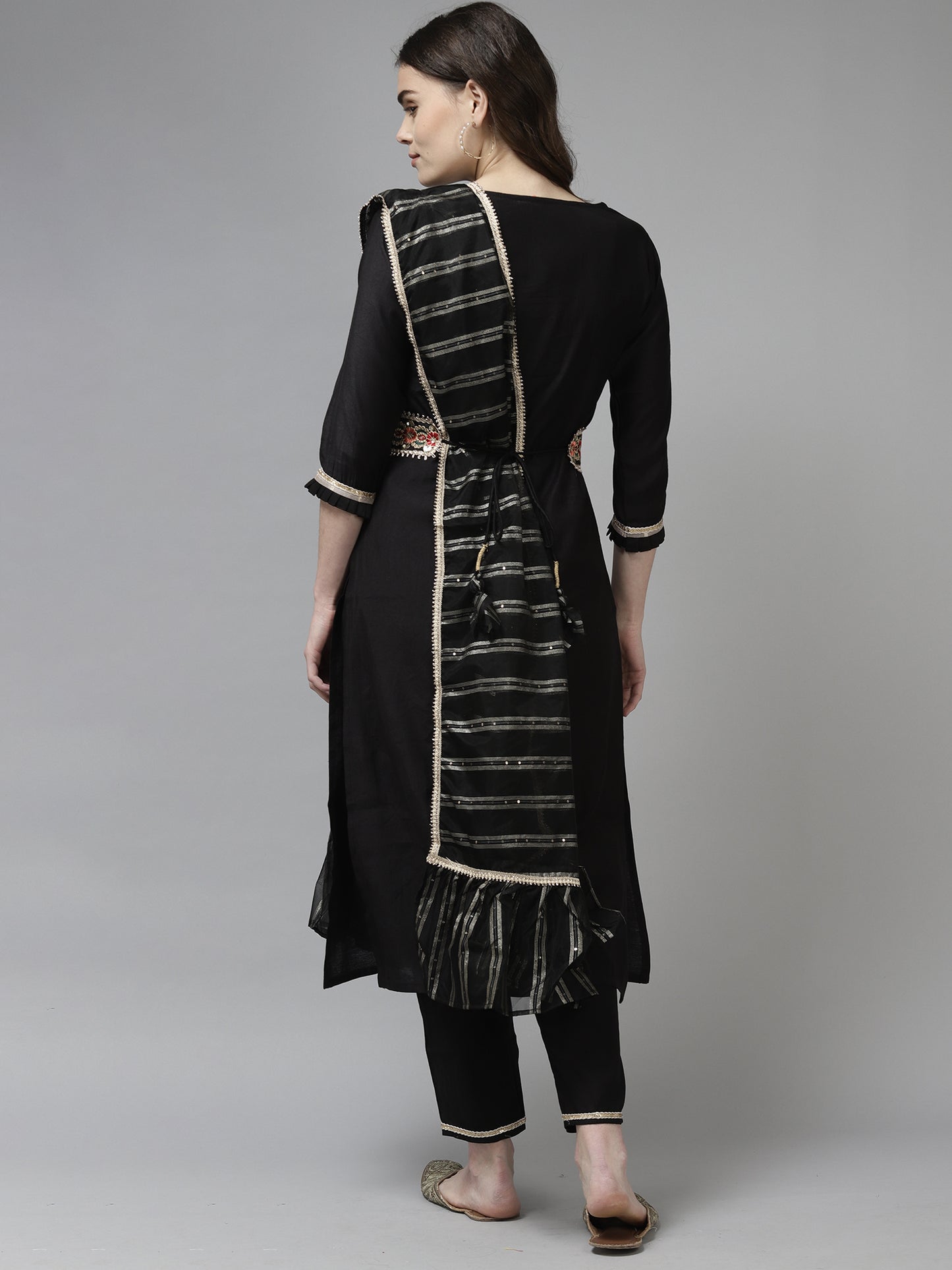 IE Black Solid Straight Kurta Trouser With Dupatta and Belt Set