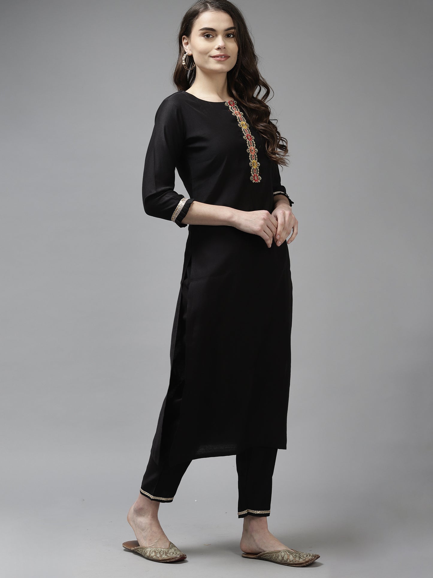 IE Black Solid Straight Kurta Trouser With Dupatta and Belt Set